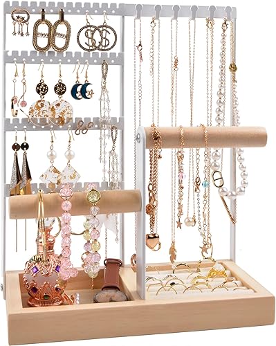 Soporte organizador de joyas, soporte de exhibición de aretes de 5 niveles con bandeja básica de madera y anillo, collares de metal con 6 ganchos,