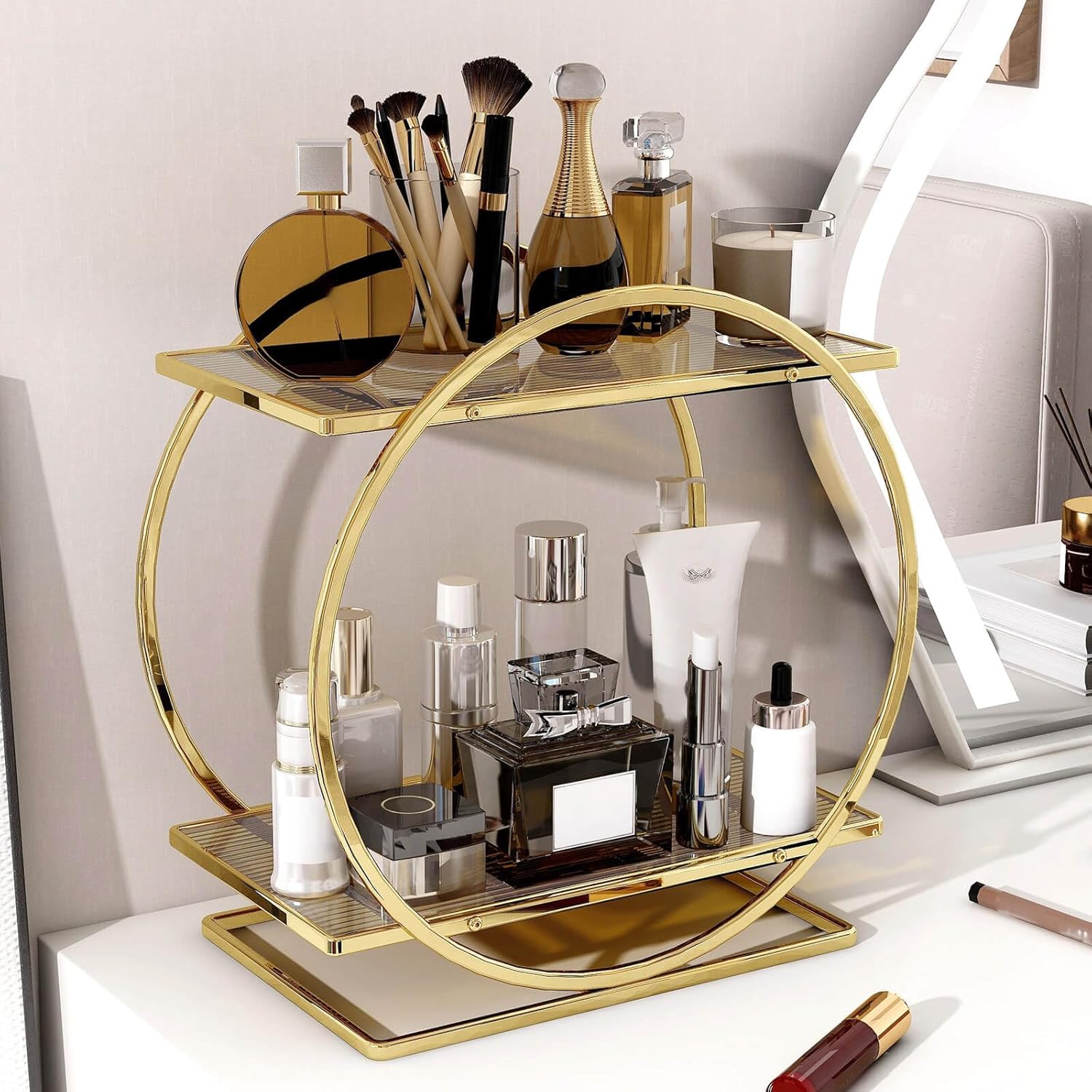 2 Tier Perfume Organizer for Dresser, Bathroom Counter Storage, Gold Accessories Makeup Tray for Vanity, Skincare Cosmetic Display Holder