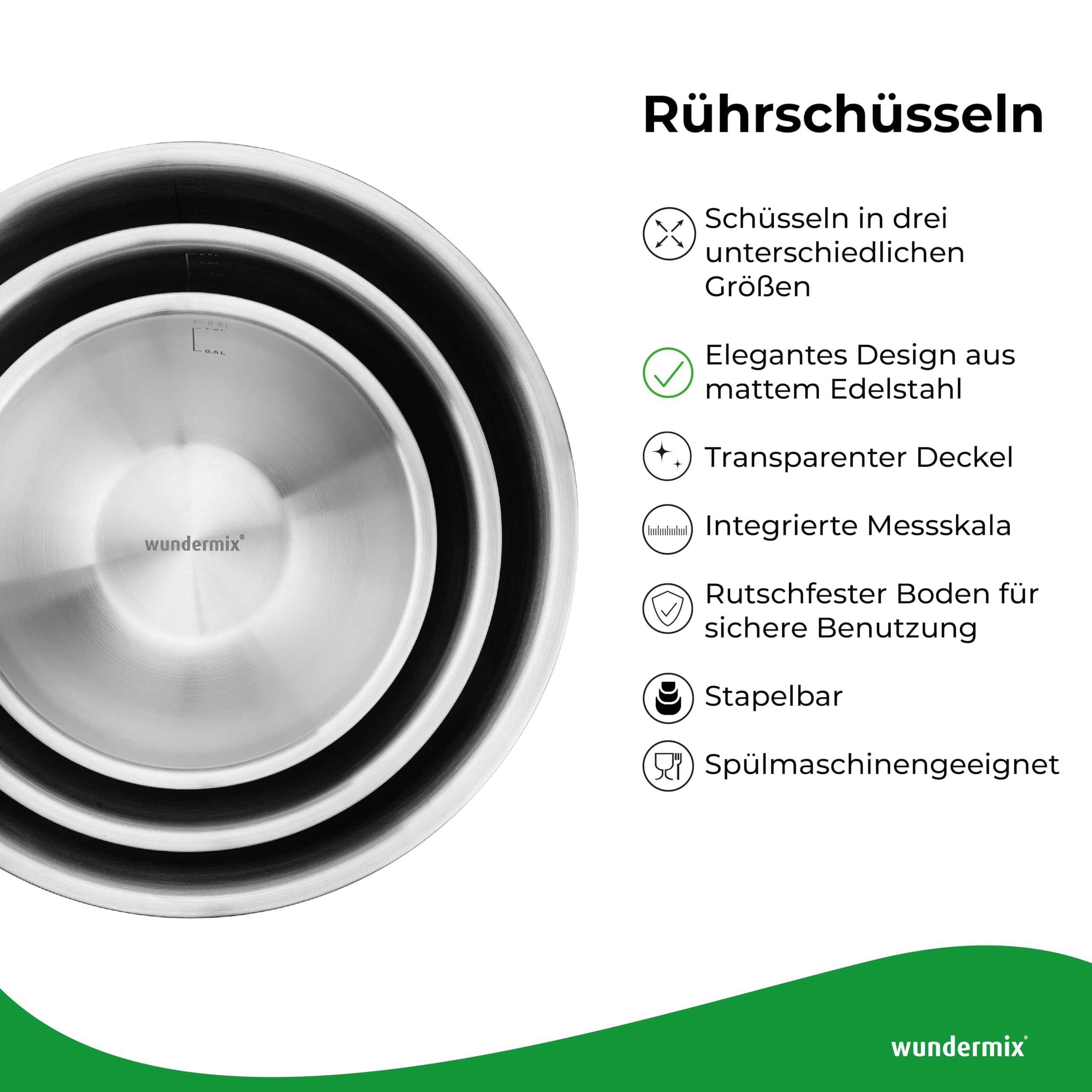 Wundermix - 3 Edelstahl Schüssel mit Deckel 1,5l, 3l, 5l (3er Set) • Stapelbar & rutschfest • Schüssel Set mit Deckel • Edelstahl Schüsseln • Rührschüssel, Salatschüssel, Backschüssel