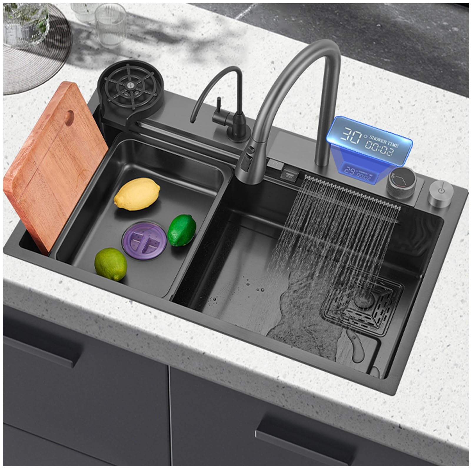 CZYWKDDPP Digital Display Rain Waterfall Faucet, 304 Stainless Steel Drop In Top Or Under Mount (Color : Grey B, Size 75x46cm)