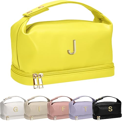 Vista 85 de Regalos Vogewood para mujeres, bolsa de maquillaje personalizada con asa, bolsa de cosméticos inicial de doble capa con organizador de brochas