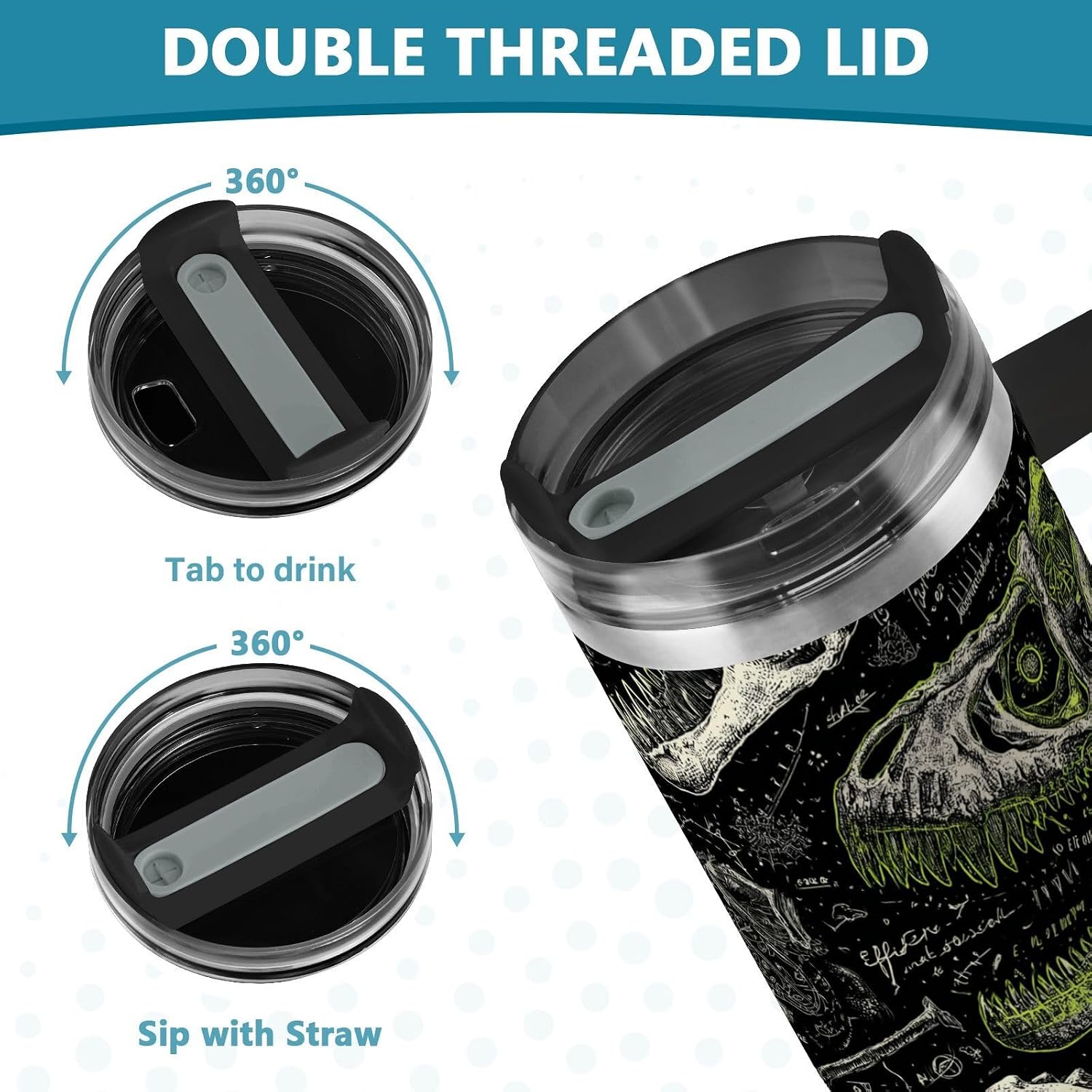 40 oz Tumbler Dinosaur Skull Black Green with Handle and Straw Lid Vacuum Stainless Steel Insulated Water Bottle Travel Mug Car Cup Holder Friendly for Gym Travel Office