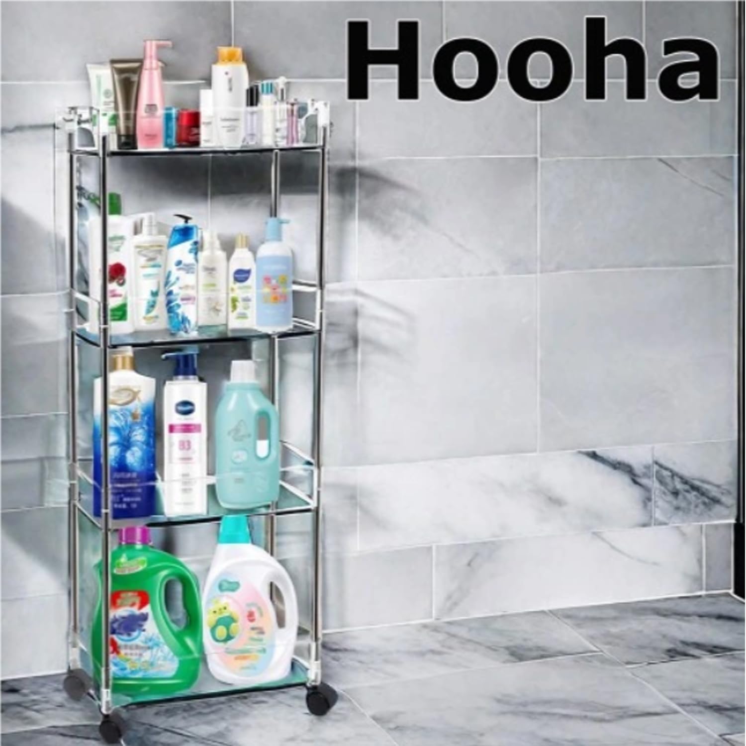 Hooha Carrello sottile a 4 ripiani, larghezza 9 cm, con ruote, multiuso per cucina, bagno, biancheria, punti stretti, plastica e acciaio inox, trasparente