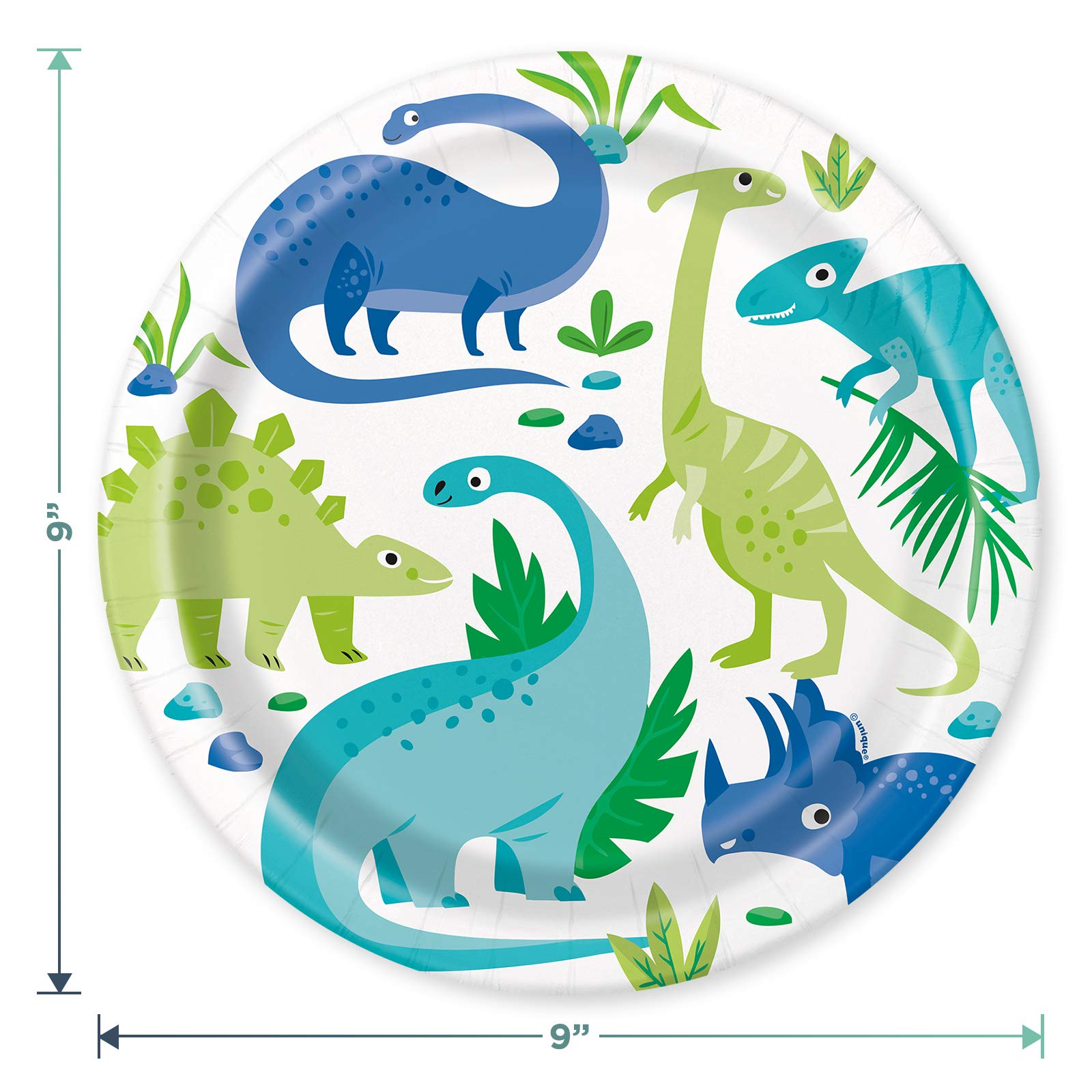 Platos de cena y servilletas de papel de dinosaurio azul y verde (sirve 16)