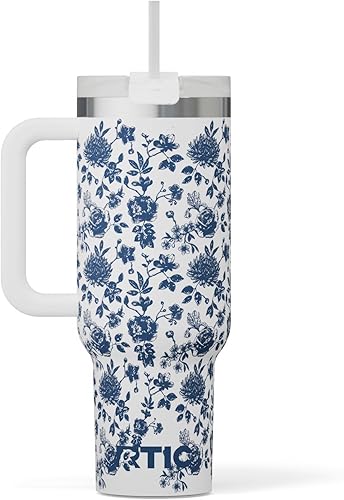 RTIC Vaso de viaje por carretera de 40 onzas con doble pared, de acero inoxidable, portátil, taza de café de viaje con tapa, asa y pajita, playa