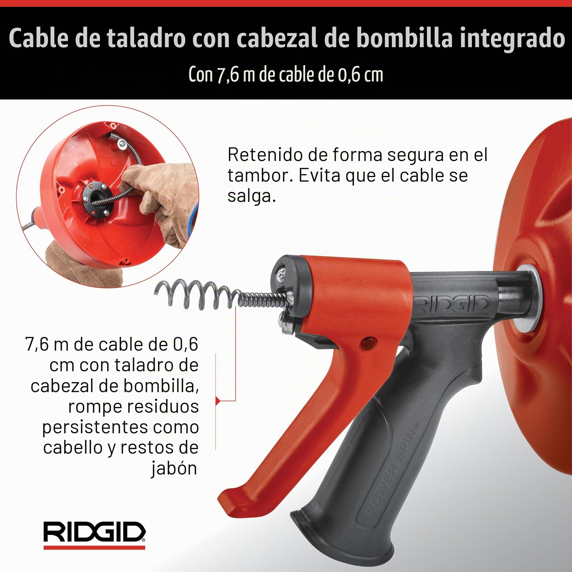RIDGID 57043 Power Spin con AUTOFEED, Cable limpiador de desagües Maxcore y Cable helicoidal de bombilla para limpieza de desagües para eliminar obstrucciones en desagües
