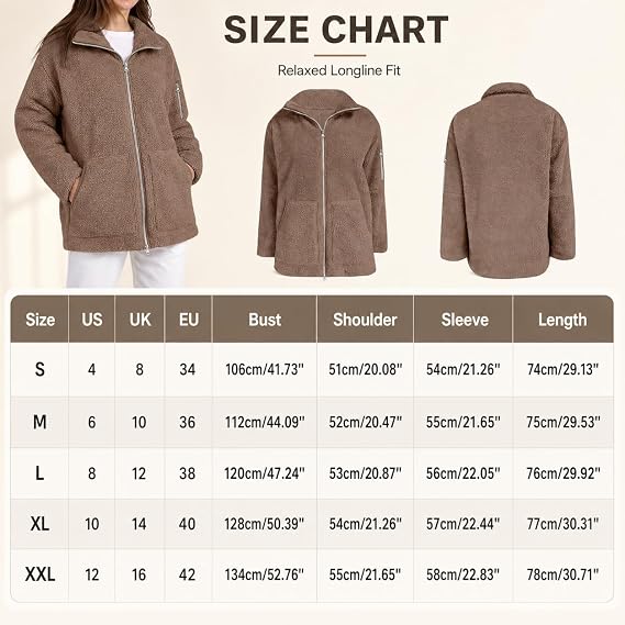 Womens Fuzzy Teddy Jacket Full Zip Oversized Sherpa Fleece Hoodie with Pockets Soft Fluffy Warm Winter Coat Casual Solid Color Long Sleeve Outerwear for Ladies Autumn Winter Daily Holiday