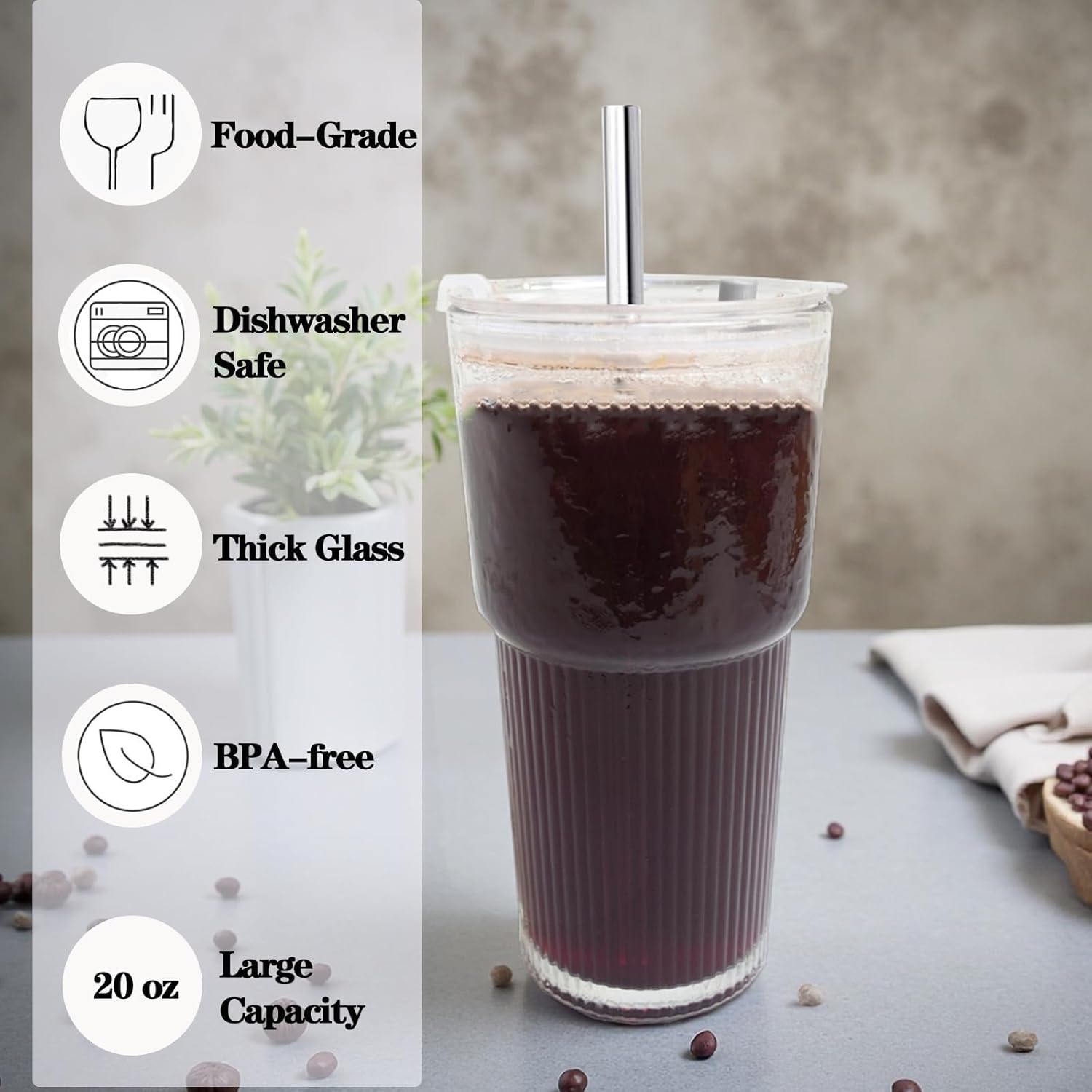 Glass Cups with Lids and Straws, Iced Coffee Cups with Lids,Stylish Ribbed Design Glass Coffee Cups, Drinking Glasses for Iced Coffee,Smoothies,Tea,Juice,Leak-Proof, Ideal for Home and Outdoor Use - Image 5