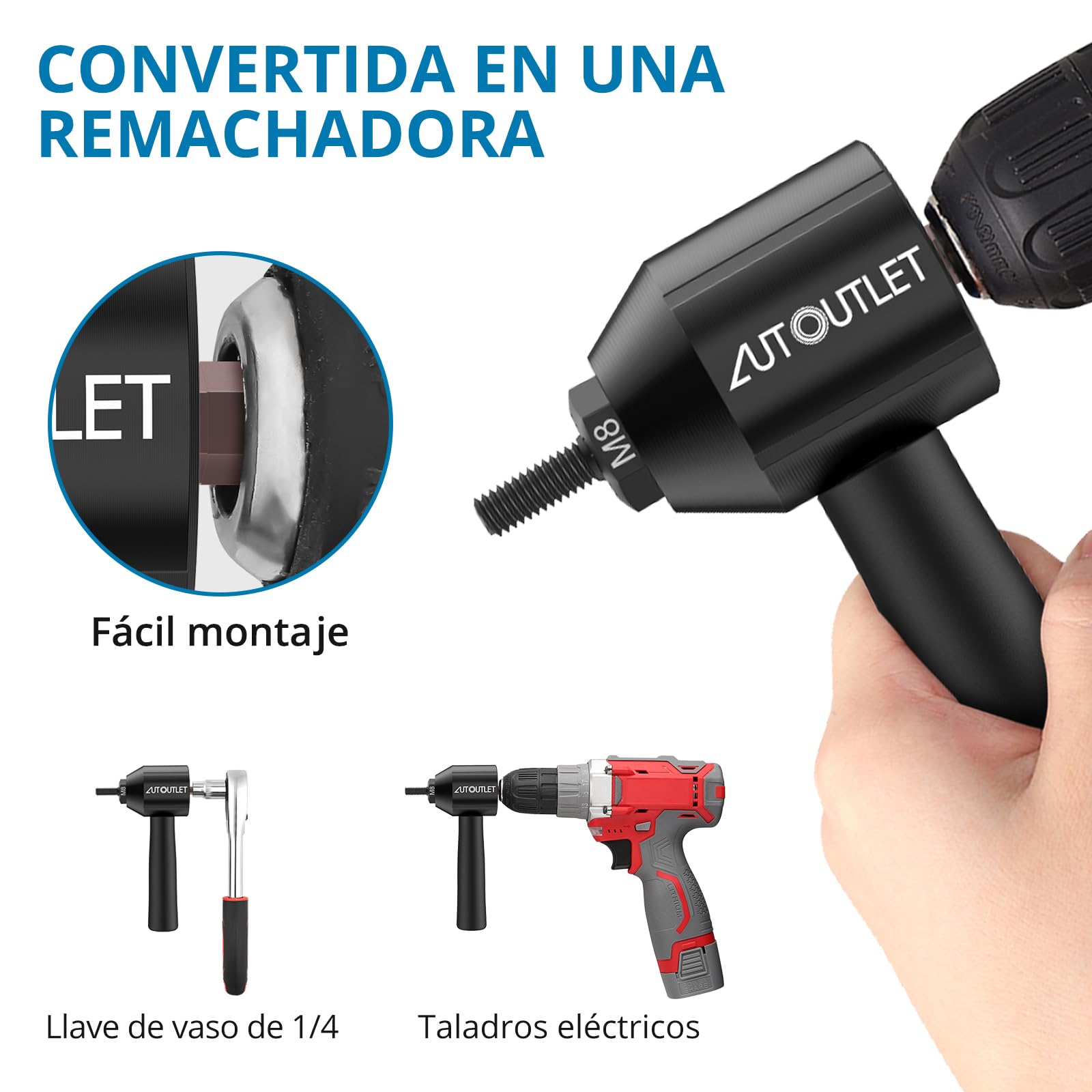 AUTOUTLET Adaptateur de Pistolet à Riveter Électrique pour Perceuse sans Fil Kit d'Adaptateur pour Perceuse à Écrou à Riveter 5 Mandrins M3 M4 M5 M6 M8 avec Poignée d'Économie de Main-d'Œuvre
