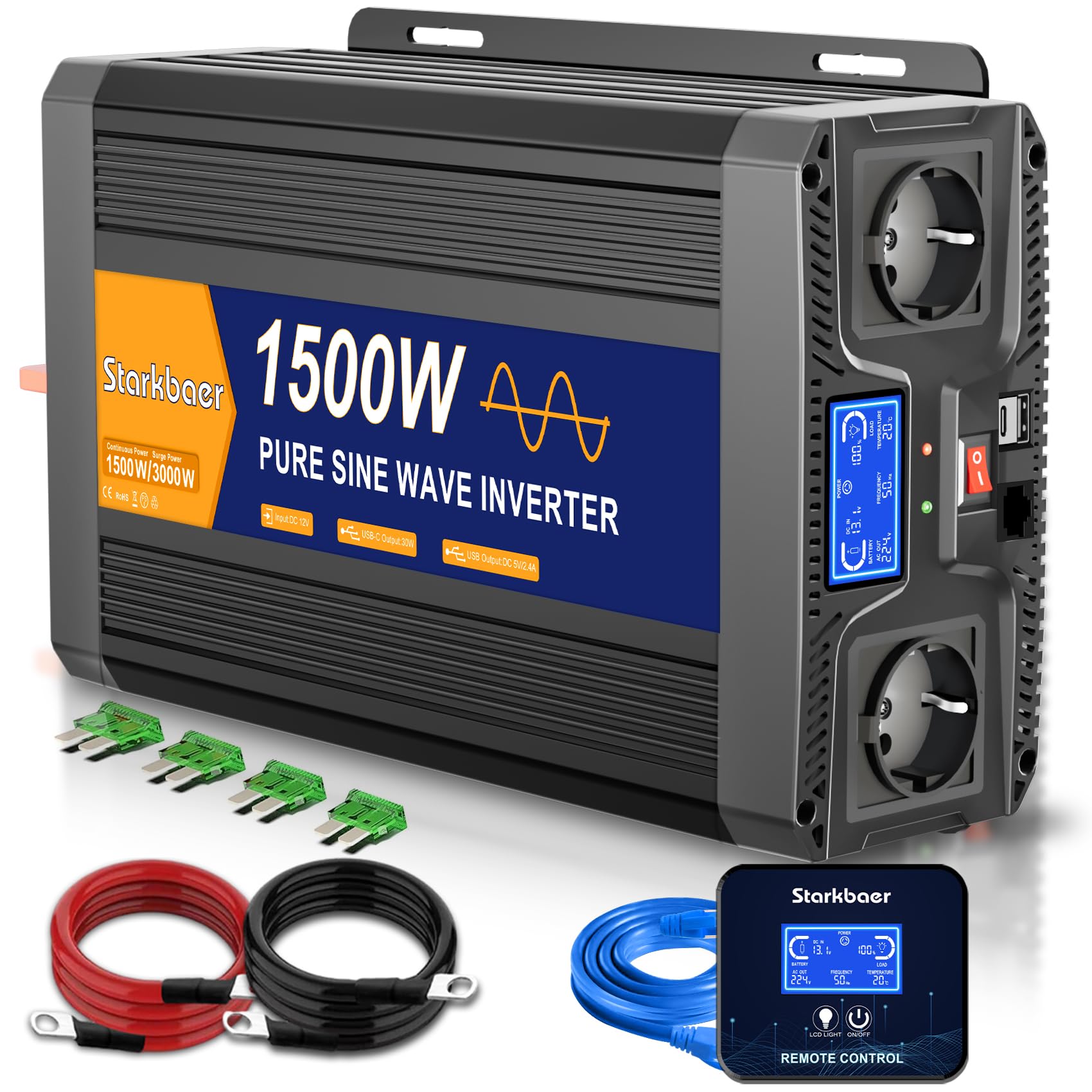 1500w convertisseur 12V 220V 230V Pur Sinus onduleur transformateur 3000W Puissance crête, 2 Prises EU AC, 2.4A USB, 5M télécommande et écran LCD pour Voitures, Bateaux, camions