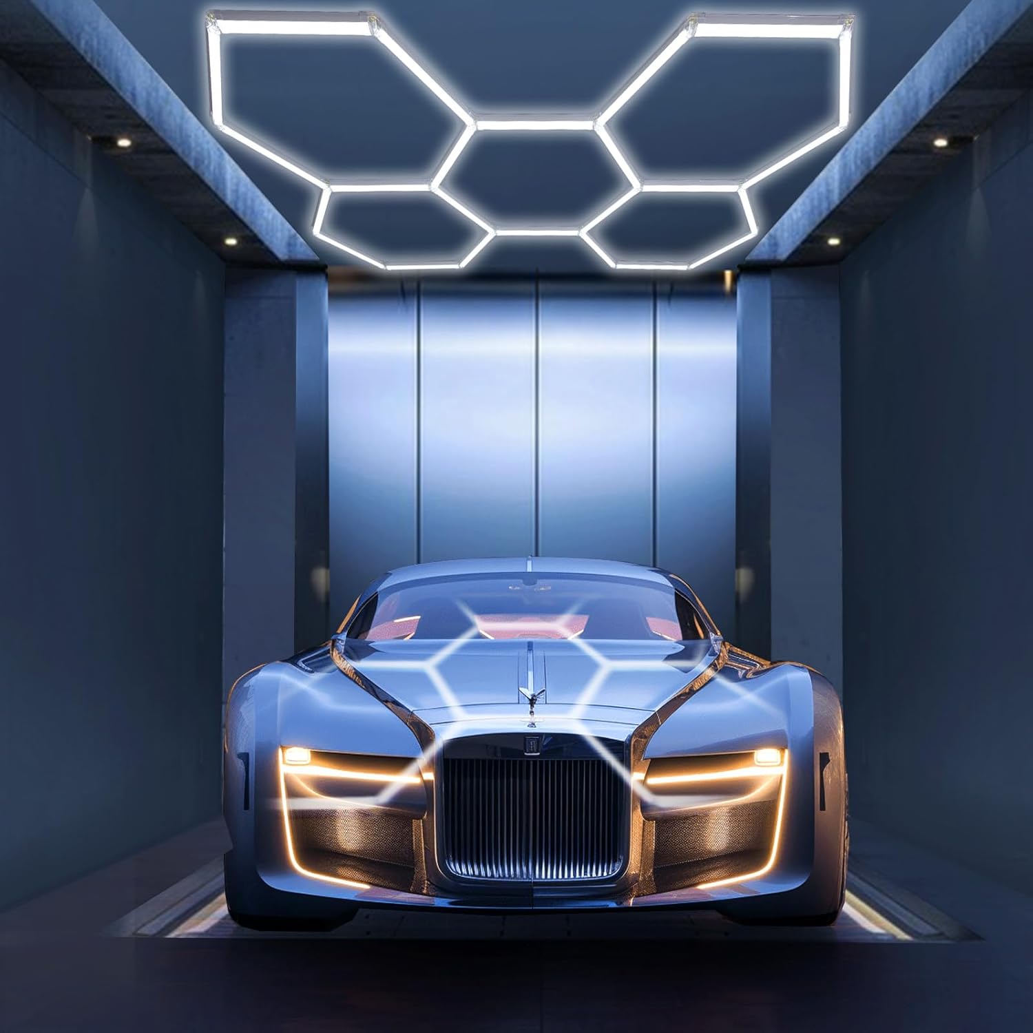 Hexagon Garage Lights 192W 21000LM 5 Grids Hexagon Led Lights 7000K Honeycomb Lights for Garage Car Detailing Shop