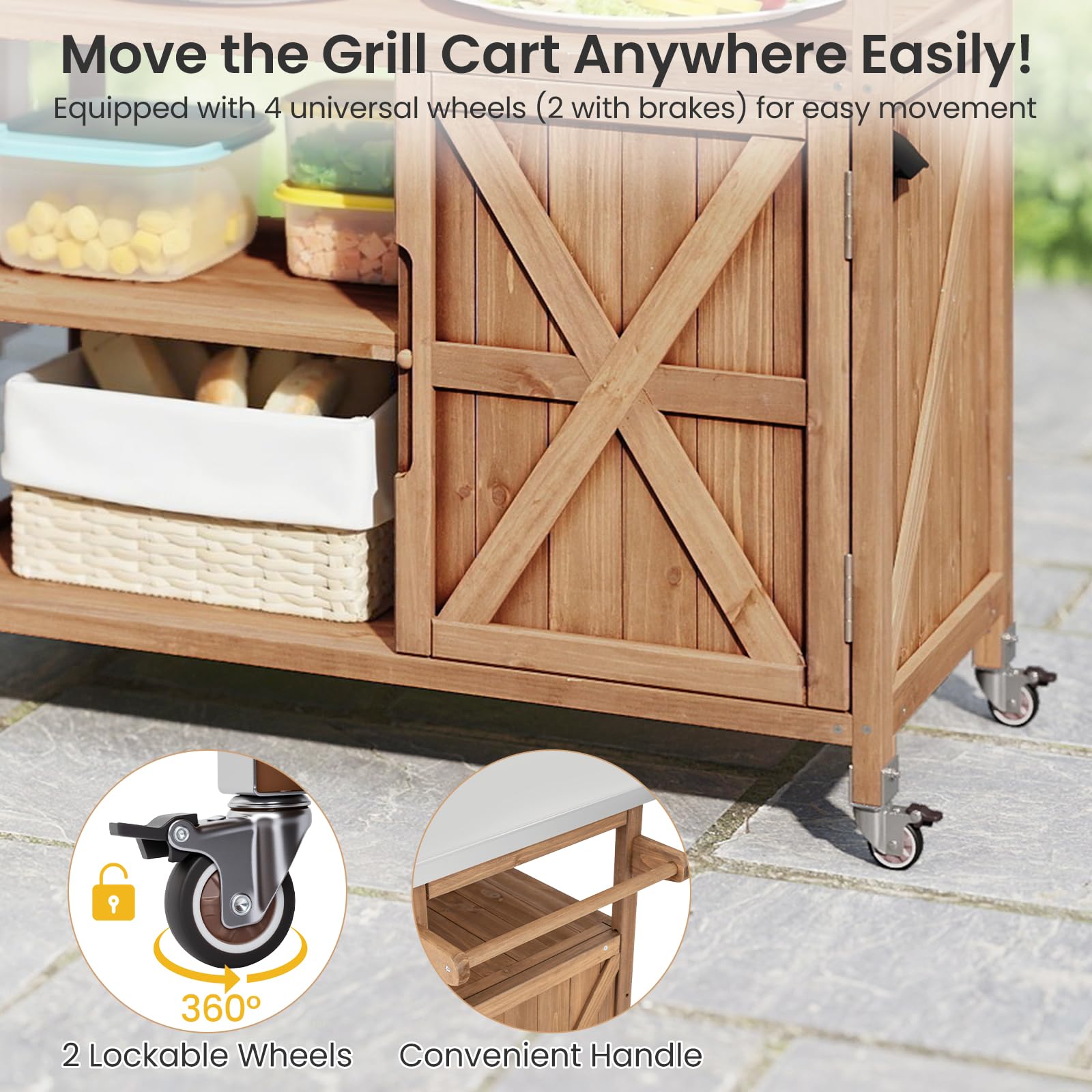 KOMFOTTEU Carro de Barbacoa de Madera Maciza, Carrito Auxiliar con Encimera de Acero Inoxidable, 4 Ruedas, 3 Estantes Abiertos, Armario con Puerta, Carro para BBQ con Especiero, 118 x 47 x 92 cm