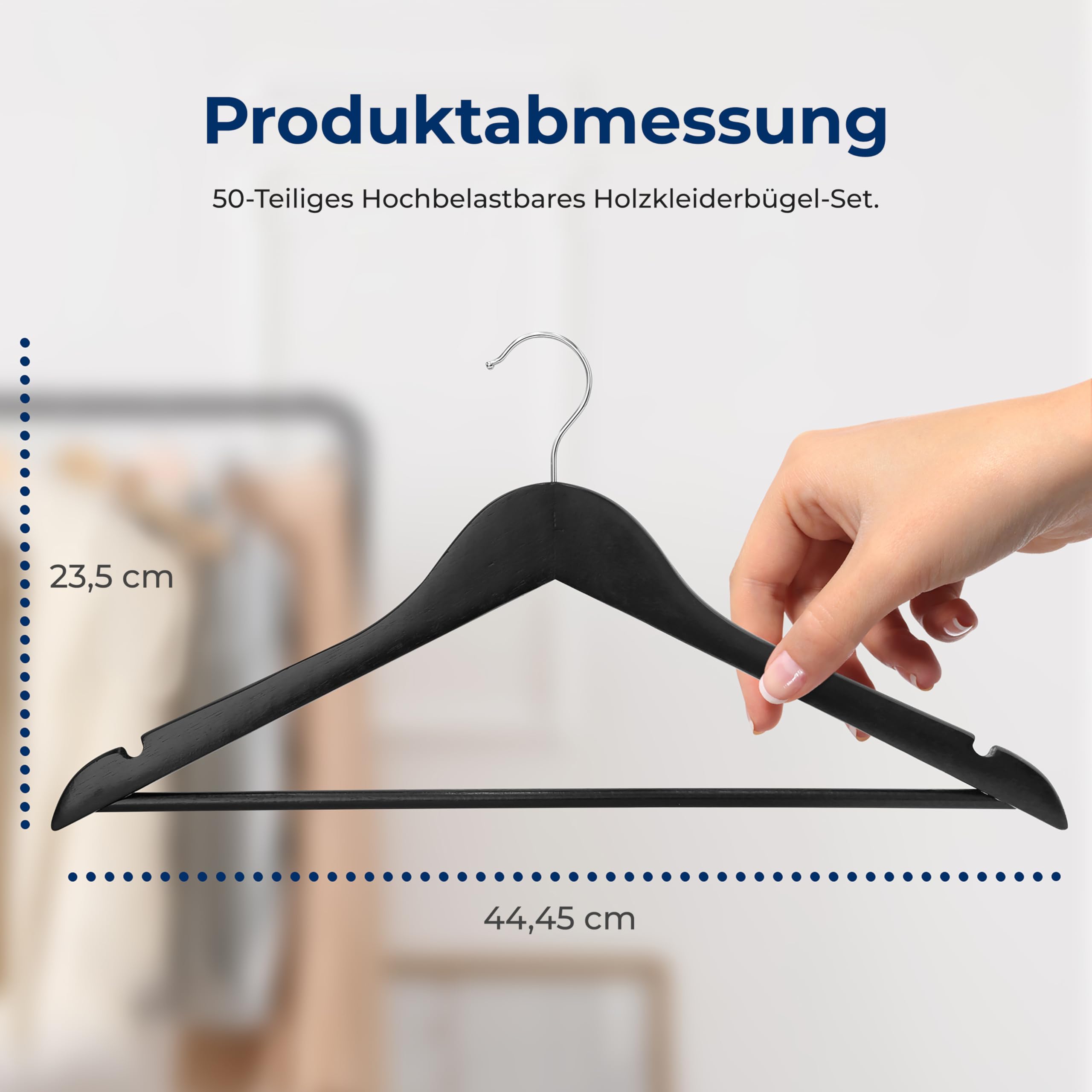SereneLife Kleiderbügel Holz Schwarz für die Garderobe, Holzbügel 360° drehbarer Haken, Einkerbungen im Schulterbereich, Rutschfest & Robust, Aufhänger für Kleideraufbewahrung & Organisation, 50 Stück