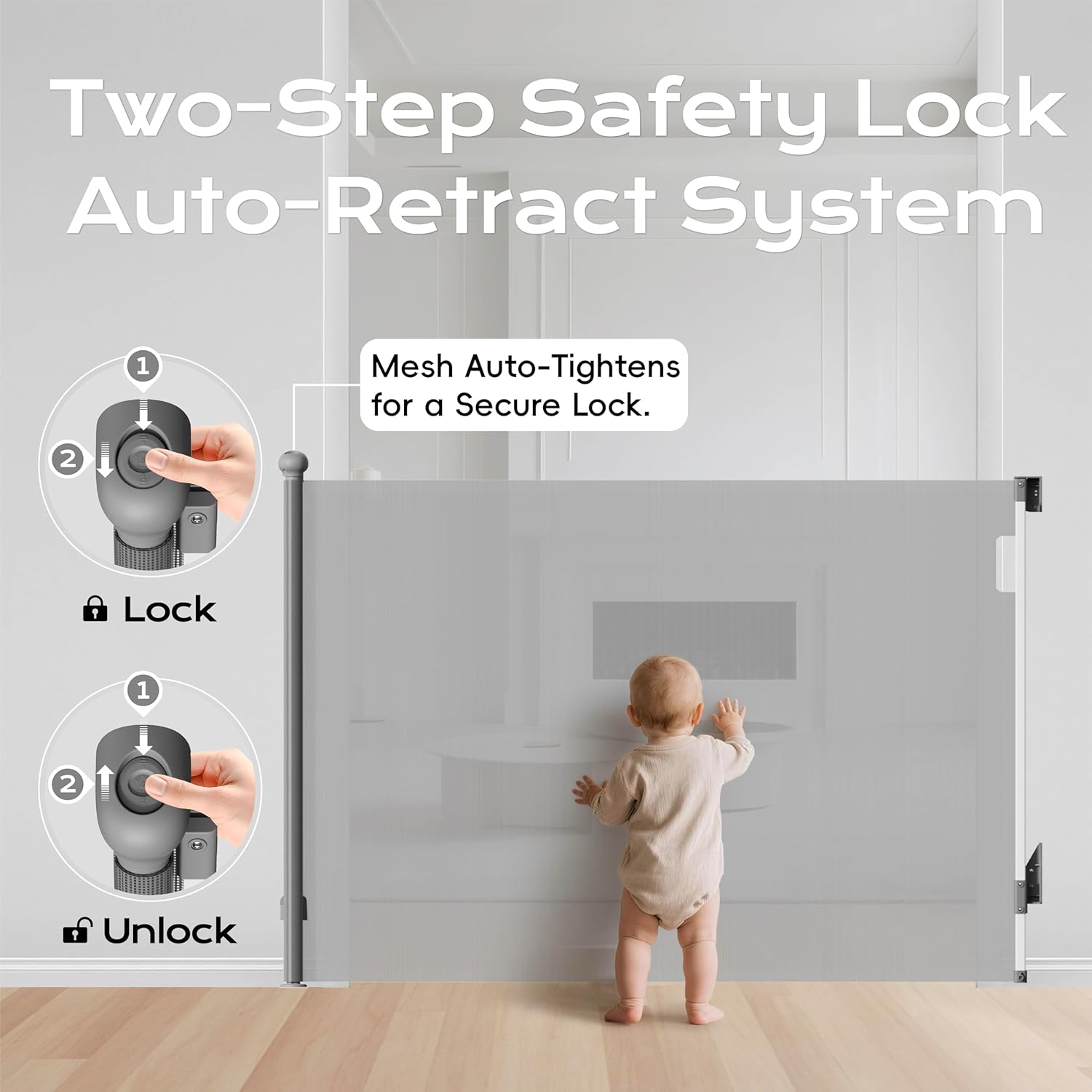 Retractable Baby Gate for Stairs, 55" Wide 38" High Pet Gate with Auto-Retract System, One-Hand Operation, Mesh Baby Gate for Doorways, Hallways, Decks, Indoor & Outdoor, Gray Gray 55''Widex38“High
