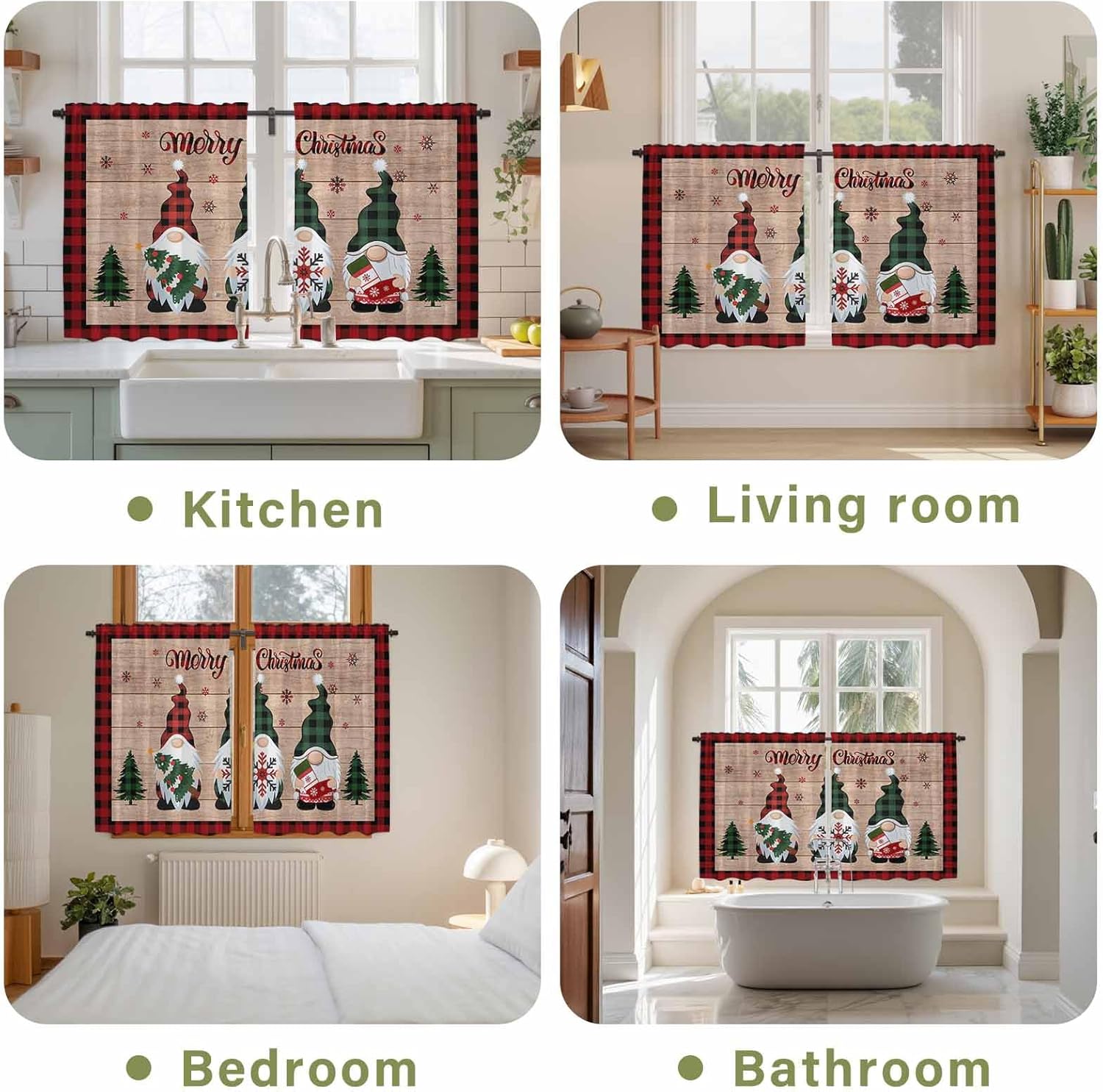 Christmas Gnomes Kitchen Tier Curtains 45 Inch Long 2 Panel Set,Rod Pocket Short Window Treatment,Xmas Snowflake Red Black Plaid Wooden Curtains & Drapes for Bathroom Basement 27.5"W x 45"L