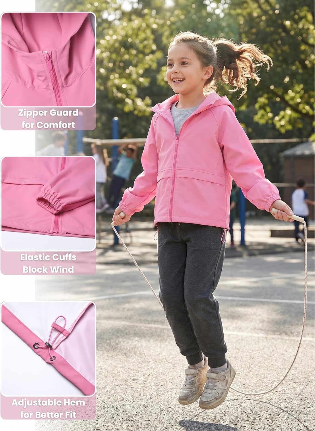 Girls Lightweight Hooded Jacket Full Zip Water-Resistant with Pockets for Kids