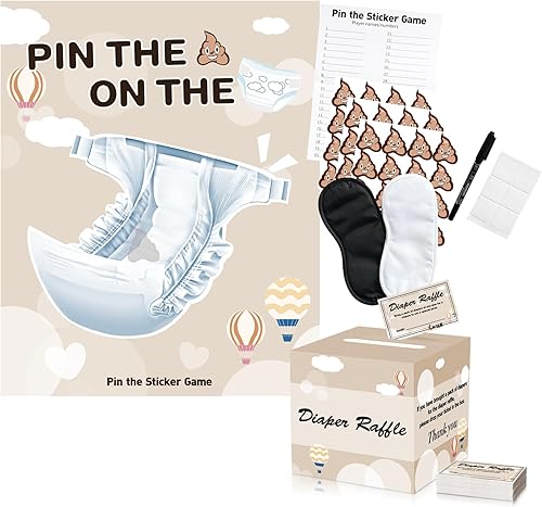 Juego de juegos de baby shower Pin the Sticker en el juego de pañales y 50 boletos para rifas de pañales con caja para decoraciones de fiesta de