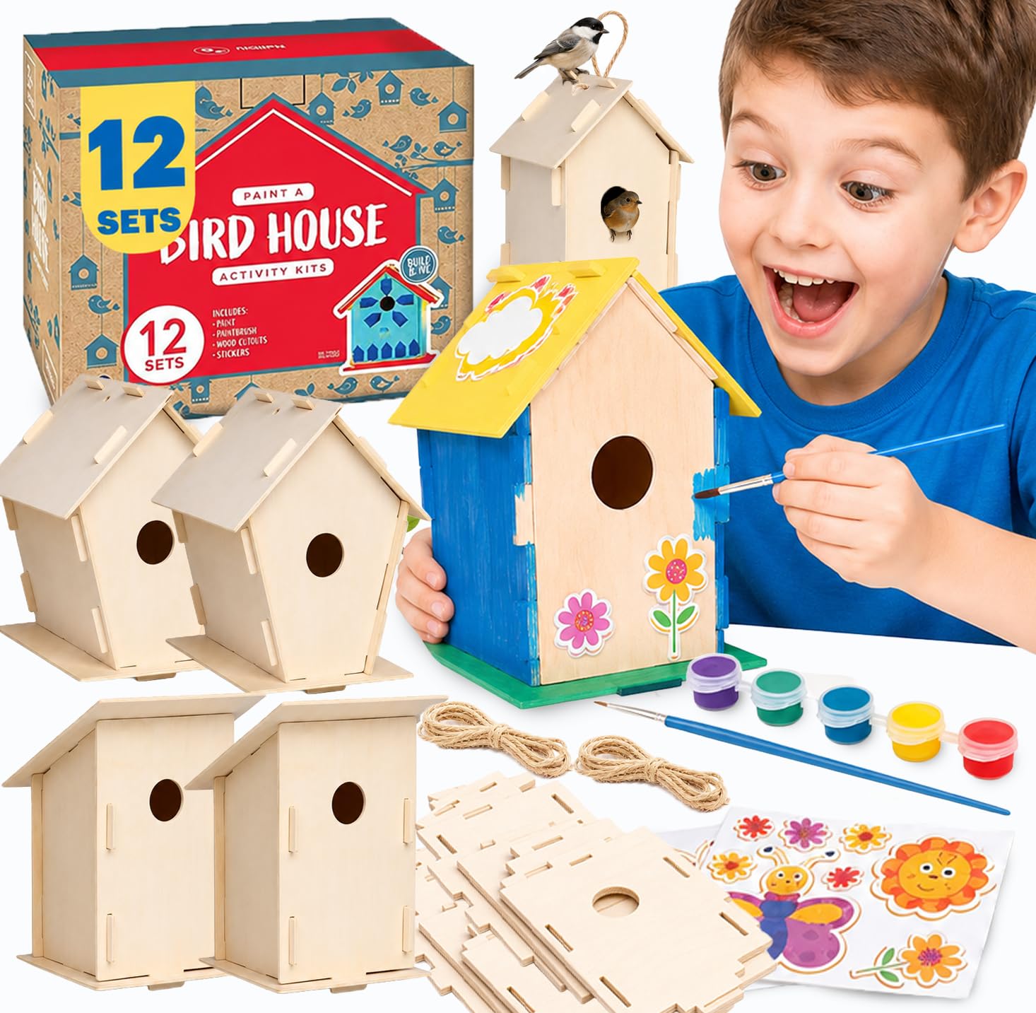 Amazaque 12 hölzerne Vogelhäuser für Kinder - Nistkasten-Set - Kreatives Basteln für Mädchen und Jungen - Nistkästen bauen und bemalen - Perfektes Geschenk für Geburtstage und Weihnachten