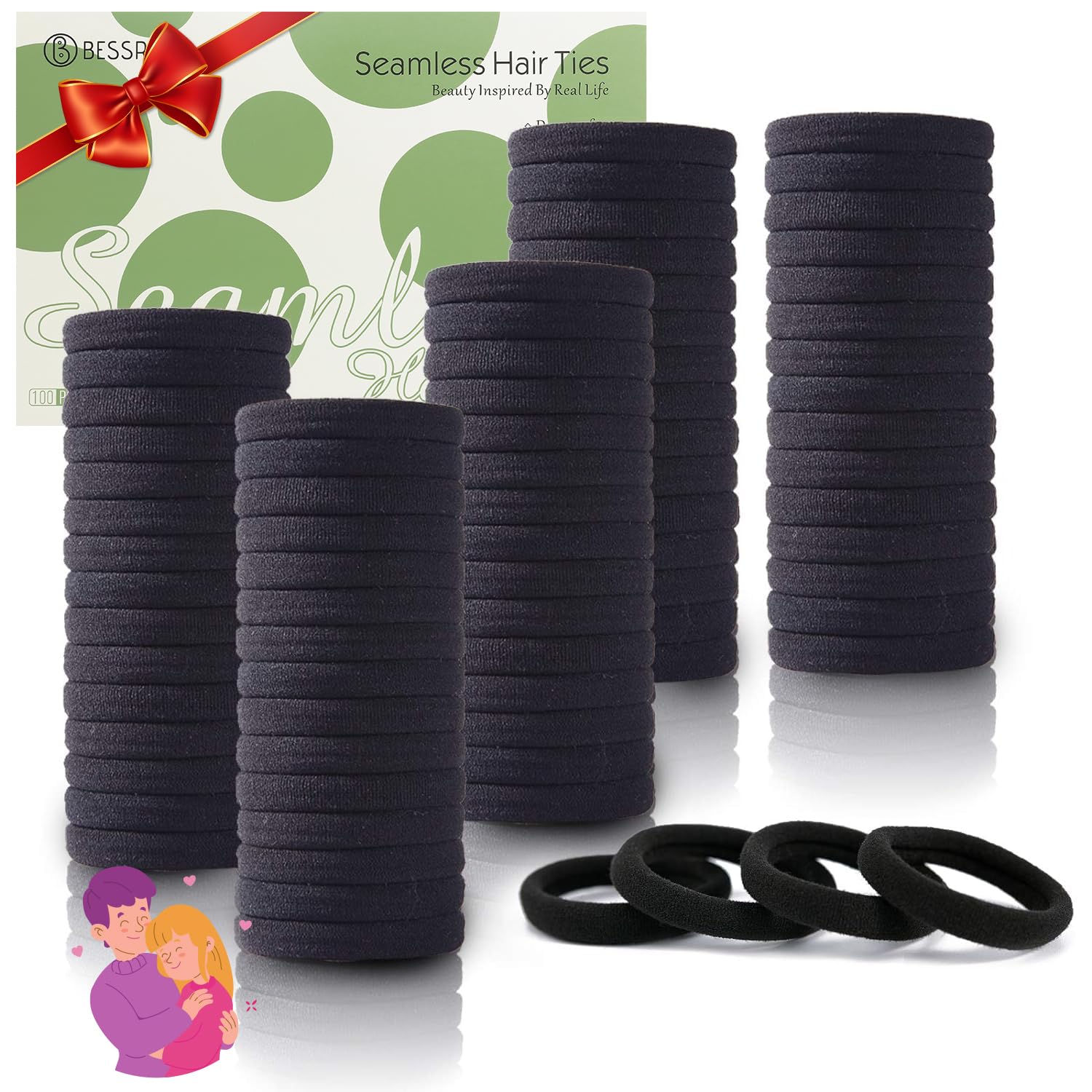 100PCS Black Hair Ties for Women Girls, Seamless Thick Black Hair Band, Elastic Hair Ties No Damage Ponytail Holder Valentine's Day Gift