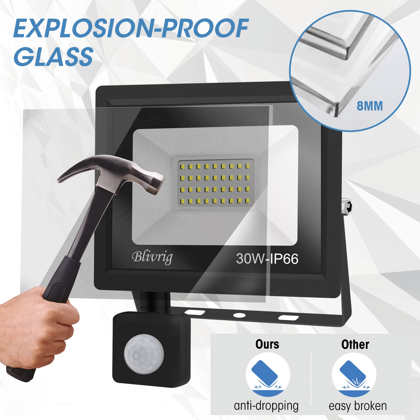 1*Faretto LED da Esterno con Sensore di Movimento 30W 3000LM Faro LED Esterno IP66 Impermeabile LED Esterno Bianco Freddo 6000K Lampada a Rsparmio LED per Cortile, Campo da Basket