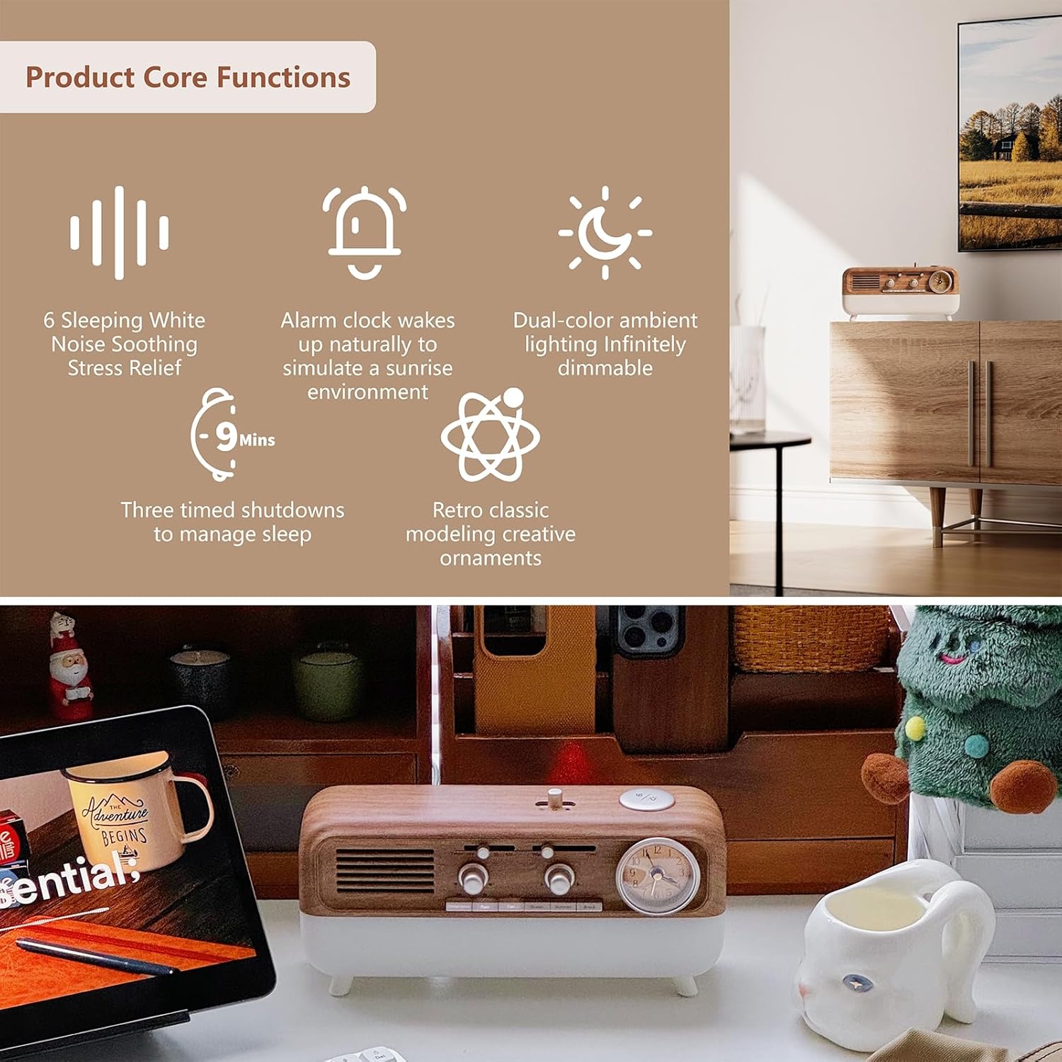 Retro Sleep Sound Machine - Dual Color Ambient Light,6 Soothing White Noise Sounds,Timer Alarm,Classic Vintage Decor(Battery Version)