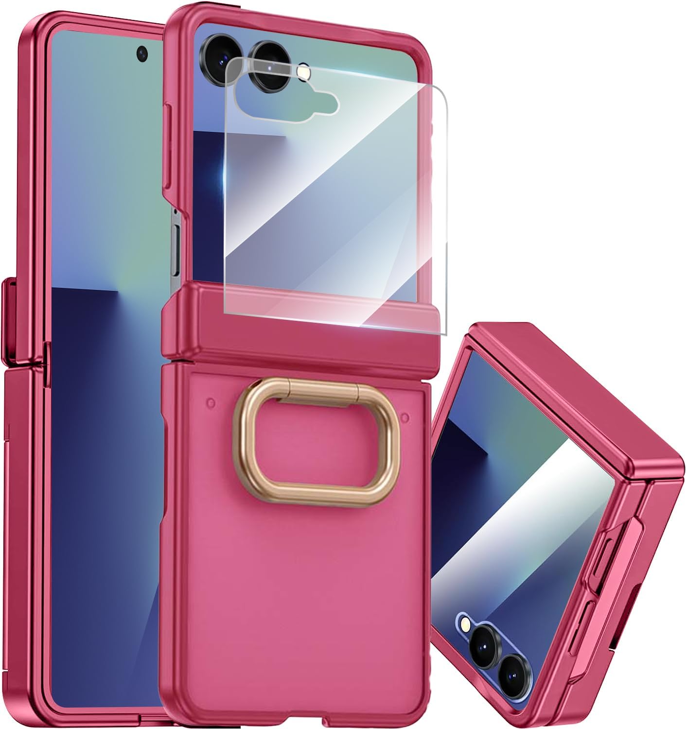 NINKI for Samsung Galaxy Z Flip 7 Case with Rotatable Ring,Built-in Screen Protector Hinge Protection Case for Samsung Galaxy Z Flip 7 Shockproof Rugged Translucent Matte Cover for flip7 Rose Pink