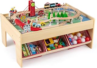 GLACER Wooden Train Table, 94 PCS Activity Play Table with 2 in 1 Reversible Tabletop, 3 Folding Fabric Storage Bins, Tracks, Pulley Drawbridge, Cars, Train Set Table for Boys Girls Ages 3+