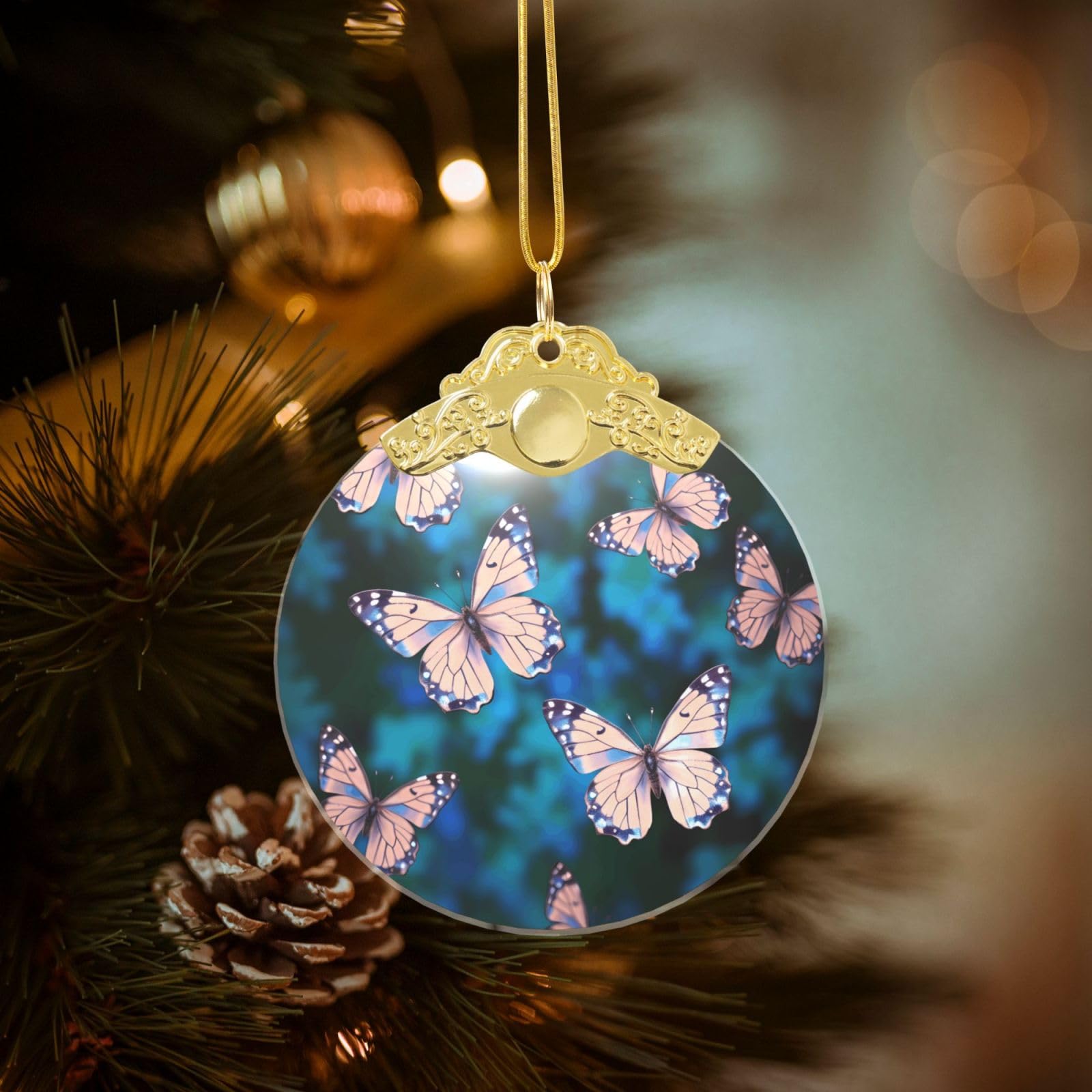 Crystal Christmas Ornaments for Christmas Tree Decoration Hanging Cute Butterflies Ornament with Gold Ribbon Crafts Round Pendant for Keepsake Gifts Glass Xmas Decor Party Supplies