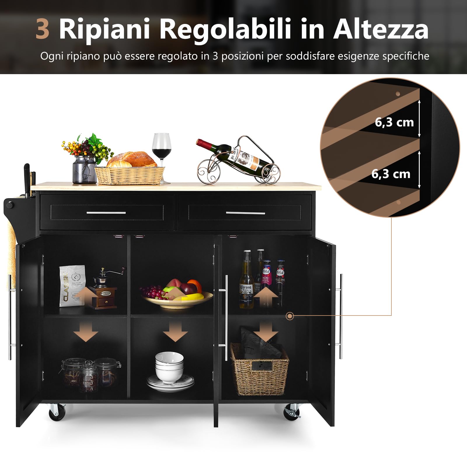 GYMAX Credenza Mobile su Ruote, Carrello Cucina a 3 Ante con Maniglia, Ripiano Ragolabile in Altezza, 2 Cassetti, 6 Cubi Portaoggetti, Portasciugamani, 122x46x92,3 cm, Bianco (Nero)