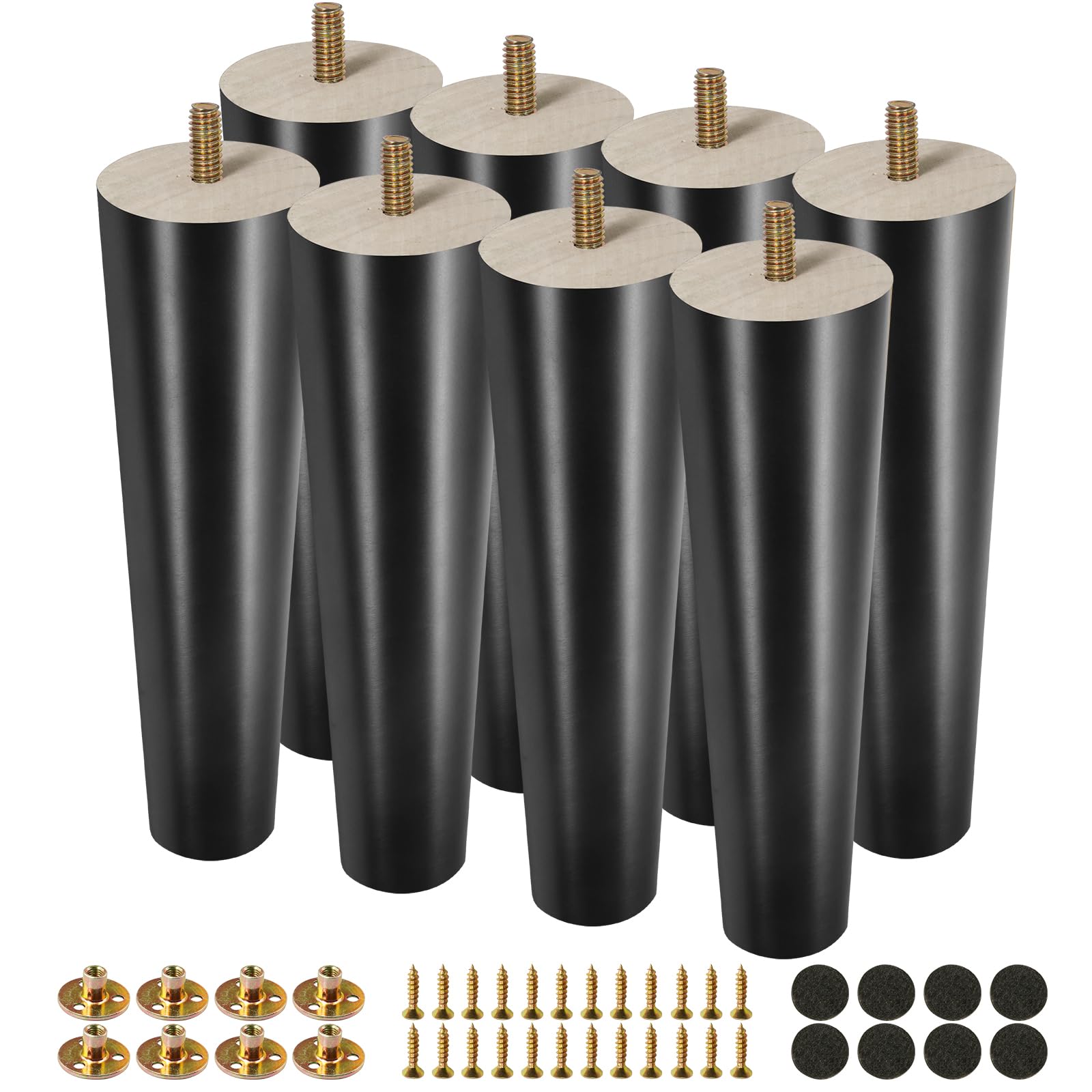 FoDau770 Black Rubber Wood Furniture Legs 8 Inches, Straight Tapered Wood Feet Mid Century Sofa Legs Set of 8, 5/16" UNC Furniture Feet for Cabinet