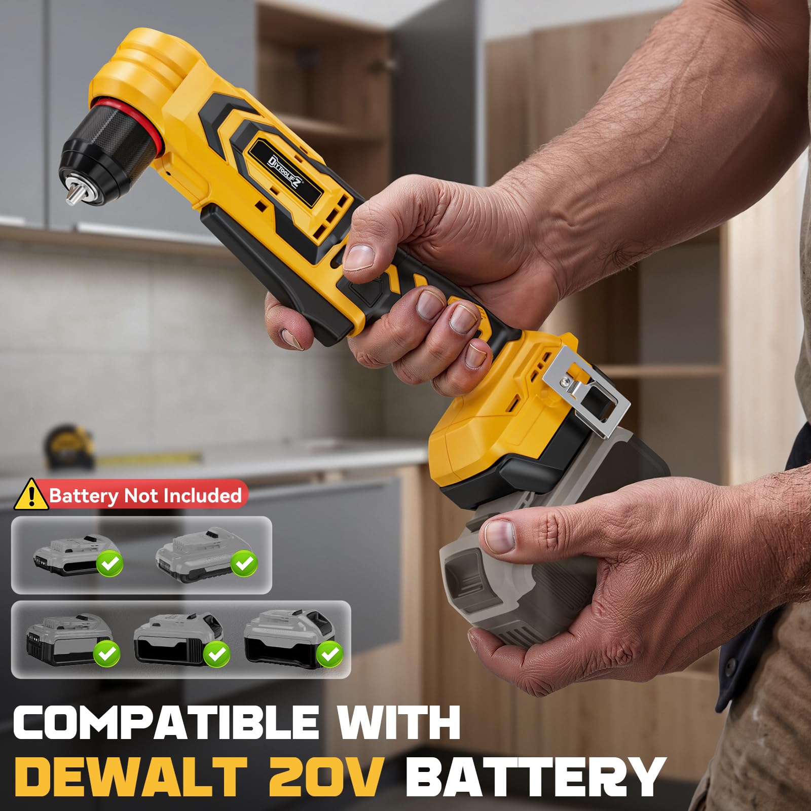 DIYtoolifz Trapano ad angolo retto senza fili compatibile con batteria Dewalt da 20 V, trapano angolare da 1 cm con motore brushless, 45,19 N·m, 2 velocità e luce LED, compatto per spazi ristretti