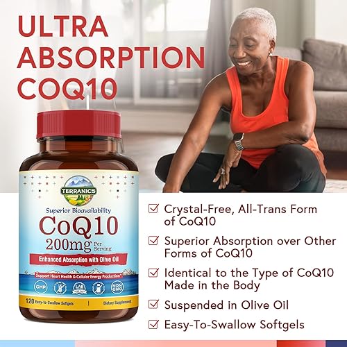 Miniatura 3 de Terranics CoQ10 200 mg, suplemento de coenzima Q10 con aceite de oliva virgen extra para mayor absorción, fabricado en Estados Unidos, apoya