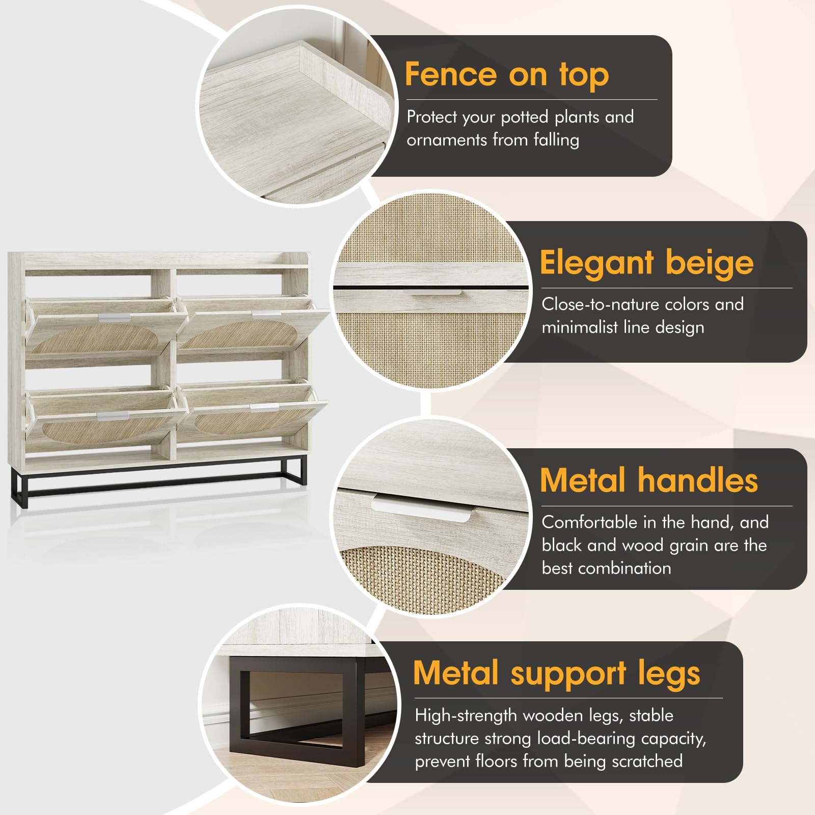 Maupvit Large Rattan Shoe Storage Cabinet with 4 Flip Drawers, Freestanding Shoe Organizer with Metal Legs for Entryway, Hidden Silver Handles, Narrow Shoe Rack Cabinet, Beige