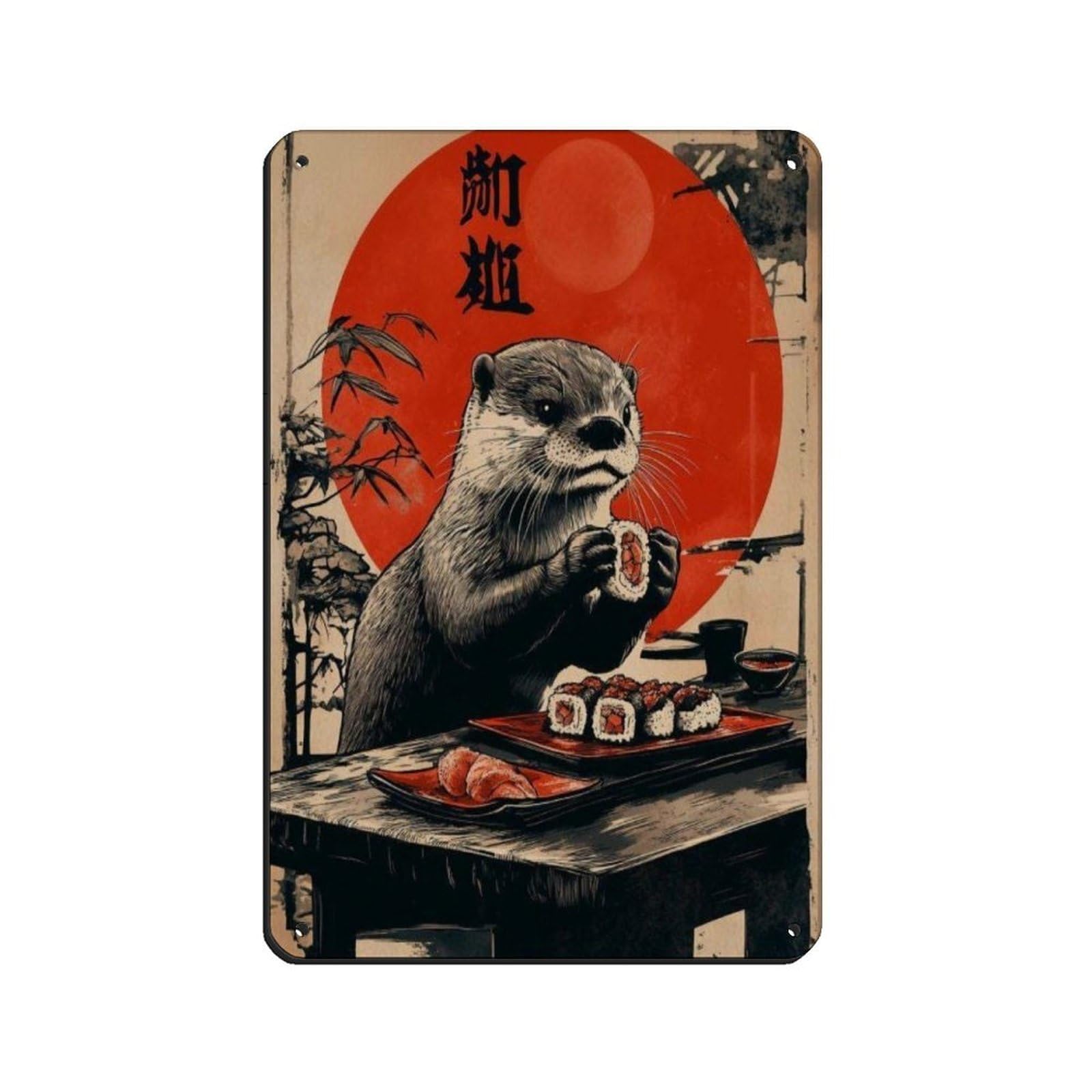Cute Otter Eating Sushi Art Poster Retro Poster Metal Tin Sign Chic Art Retro Iron Painting Bar People Cave Cafe Family Garage Poster Wall Decoration 8x12inch(20x30cm)