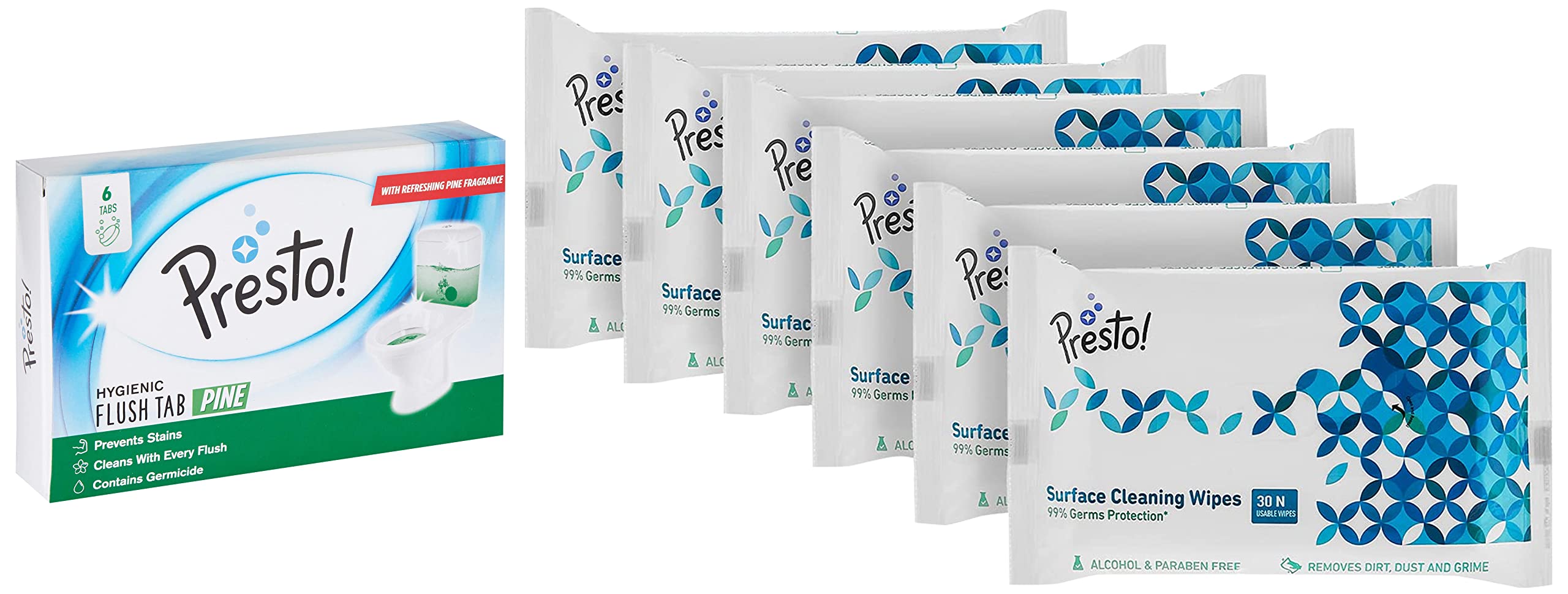 Amazon Brand - Presto! Surface Cleaning Wipes - 30 wipes/pack (Pack of 6) & Amazon Brand - Presto! Hygienic Flush Tabs, Pine - 50 g (Pack of 6)