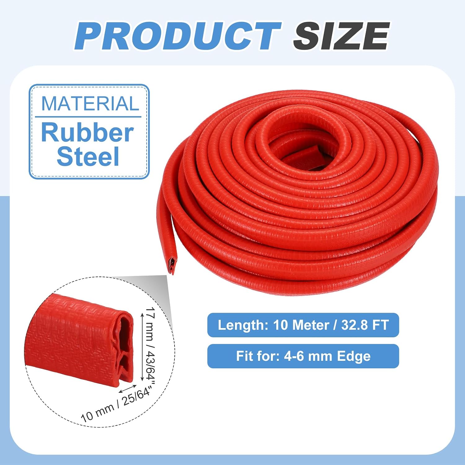 PATIKIL Rubber Edge Trim Guard, 32.8 ft x 43/64" x 25/64" U Channel Edge Protector Seal Strip with Metal Clips Fit for 4-6mm Edge for Car Door Sheet Metal Hatches Table Corners, Red