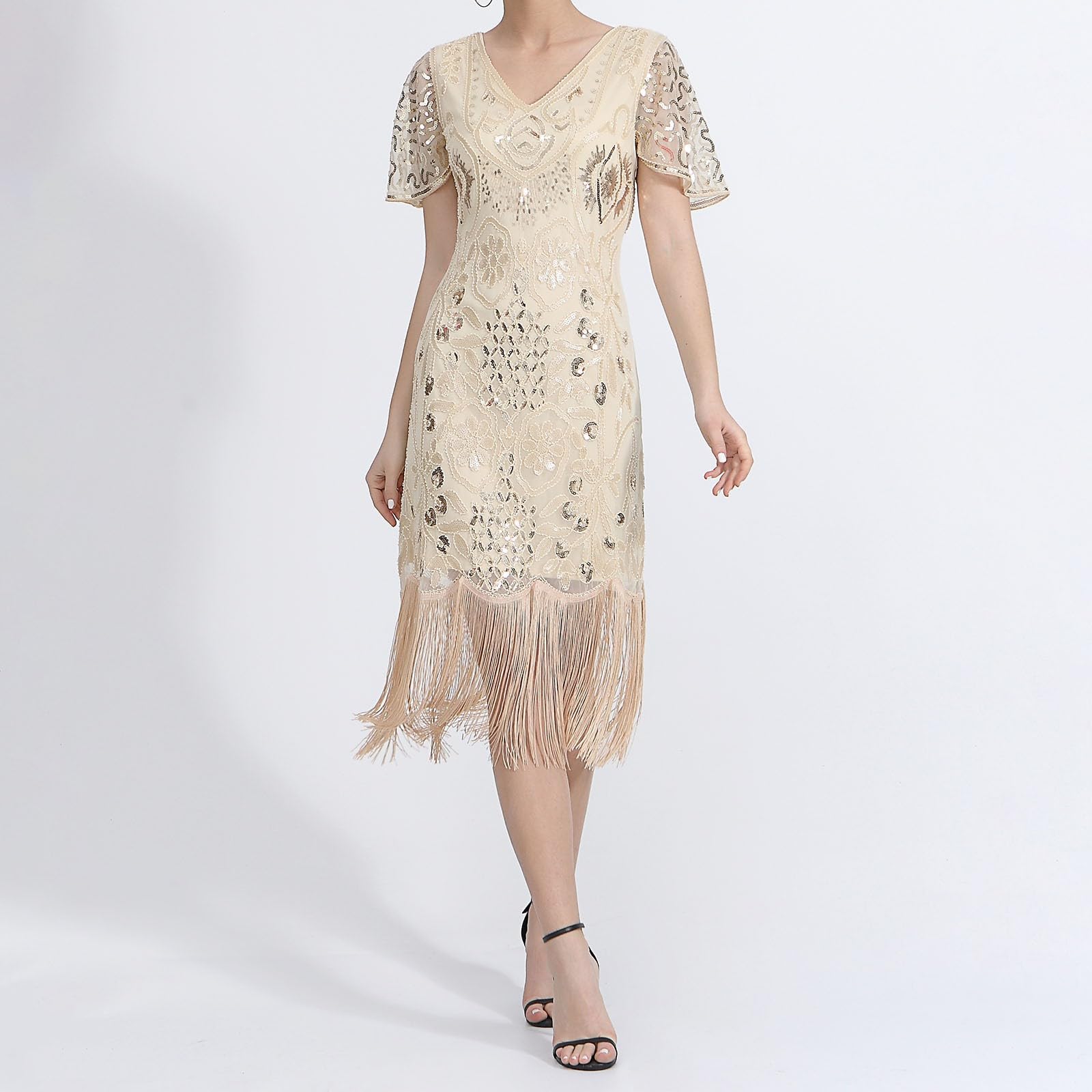 Robe des années 20 pour femme Gatsby années 1920 - Robe à franges pour femme - Vert et noir - Robe courte à franges - Costume Charleston - Manches courtes - Robe à paillettes - Carnaval