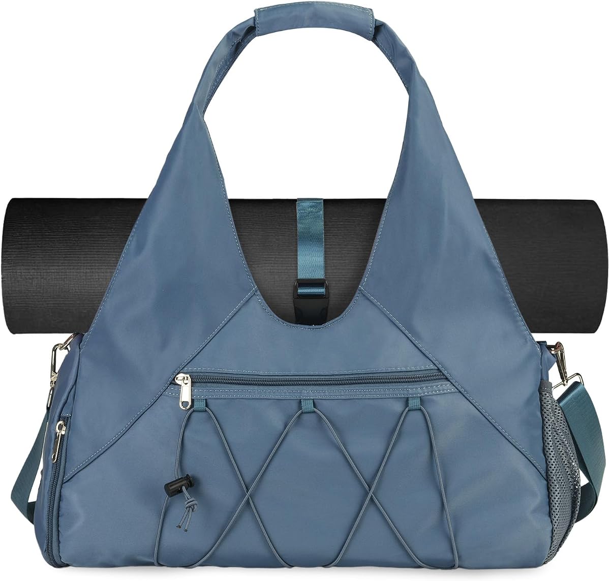 Bolsa de gimnasio para mujer con soporte para colchoneta de yoga, azul | Compartimento para zapatos, bolsillo de almacenamiento en seco húmedo, correa de hombro extraíble, ligera y resistente al agua