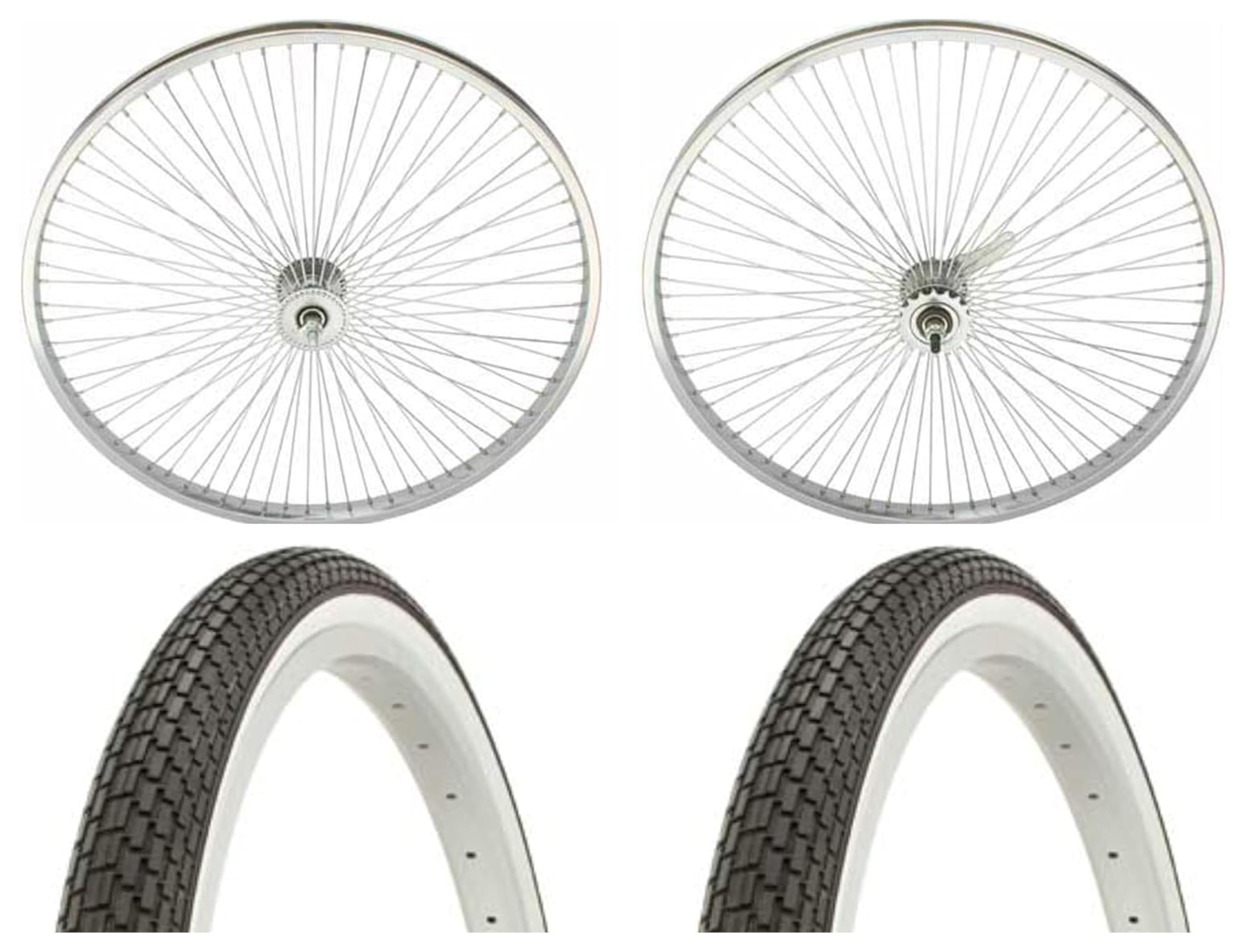 Lowrider 26" 144 Spoke Front and Back Coaster Wheel 3/8 Axle Chrome Color & Two Tire Duro 26 x 1.75 Black/White Side Wall HF120A