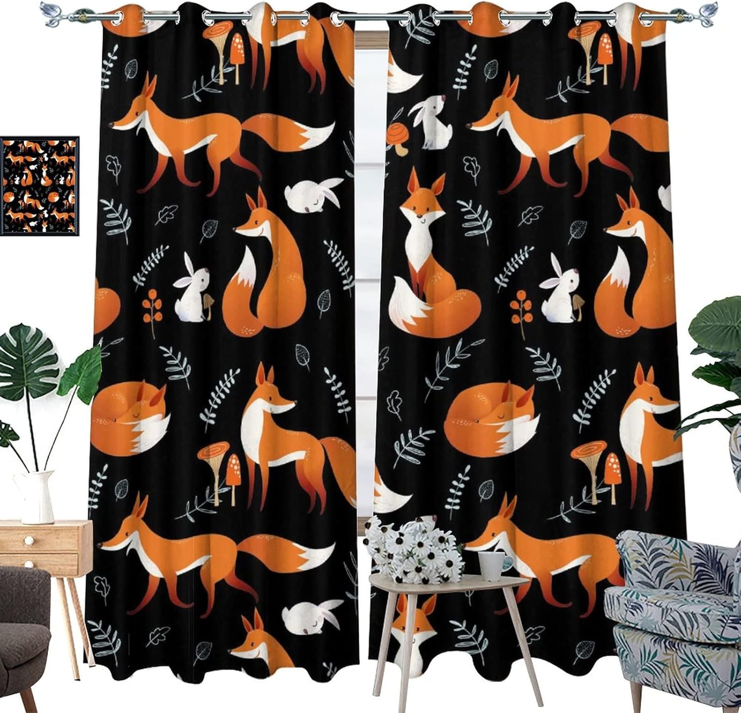 Rustic Woodland Animal Fox Blackout Curtains for Bedroom,Funny Cute Cartoon Forest Animal Fox Leaves Print Grommet Thermal Insulated Room Darkening Curtains Window Drapes 2 Panels 45L x 21W