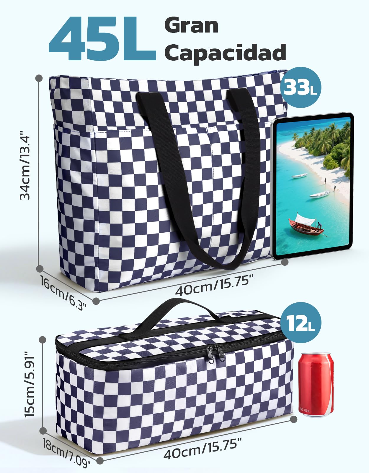 ISEYOU Bolsa Playa con Nevera Separada, Bolsas de Playa Hidrófugo con Compartimento Húmedo, Bolso Grande XXL Familiar Con Cremallera, Plegable, 8 Bolsillos, Adecuada para Piscina, Picnic y Compras