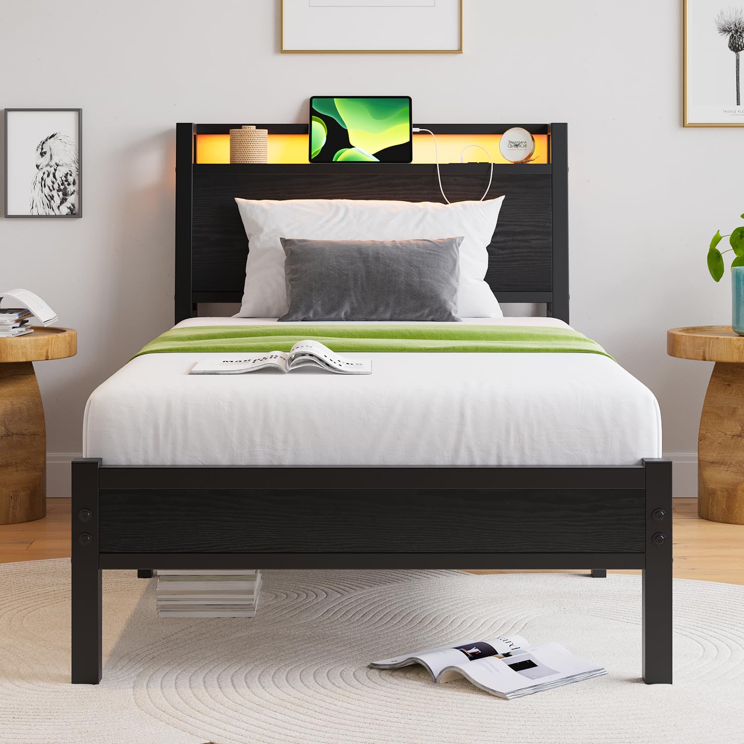 ZGEHCO Twin Bed Frames with Ergonomic Storage Headboard,Metal Platform Bed Frame with LED Lights & Charging Station,Bed Frame Twin No Box Spring