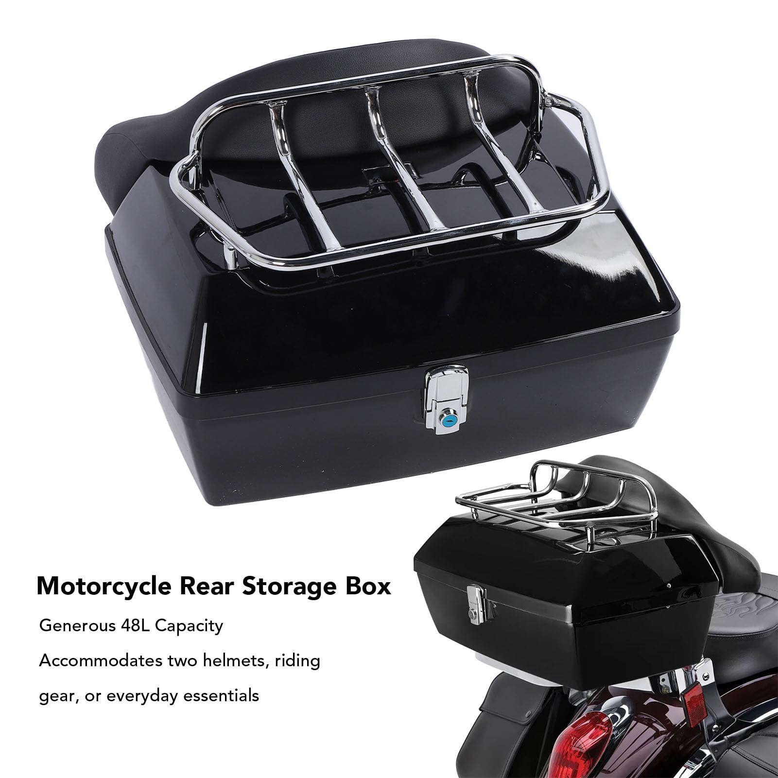 Bauletto Posteriore per Moto Baule Universale Impermeabile Durevole da 48 Litri per Ciclisti e Pendolari Realizzato in Plastica ABS (BLACK)