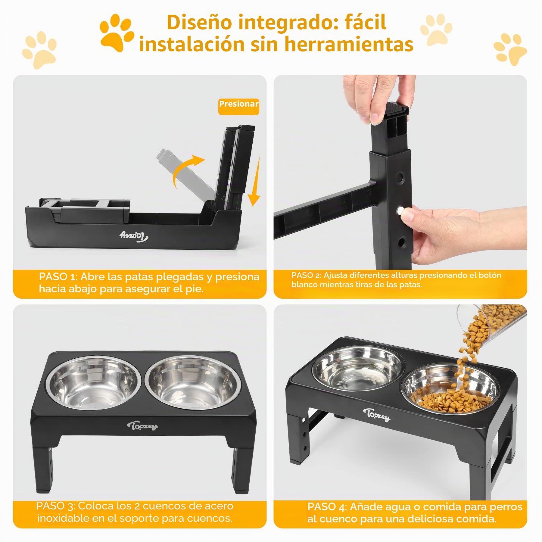 Toozey Comedero Elevado Perro con Tazones de Acero Inoxidable Dobles de 1,2 L de 4 Altura Ajustable para Alimentador de Agua y Comida para Mascotas y Gatos, Negro