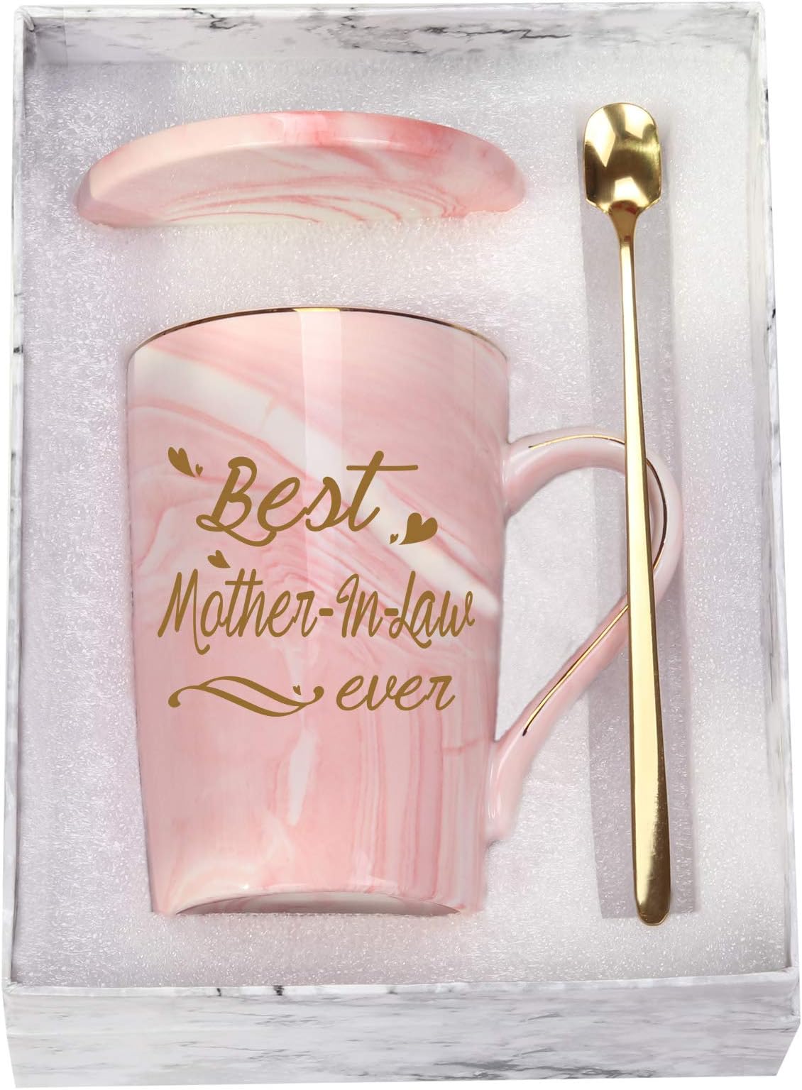 Mother In Law Coffee Mugs Best Mother In Law Gifts Birthday Mothers Day Gifts from Daughter Son In Law 14 Ounce Pink with Gift Box Spoon Coaster
