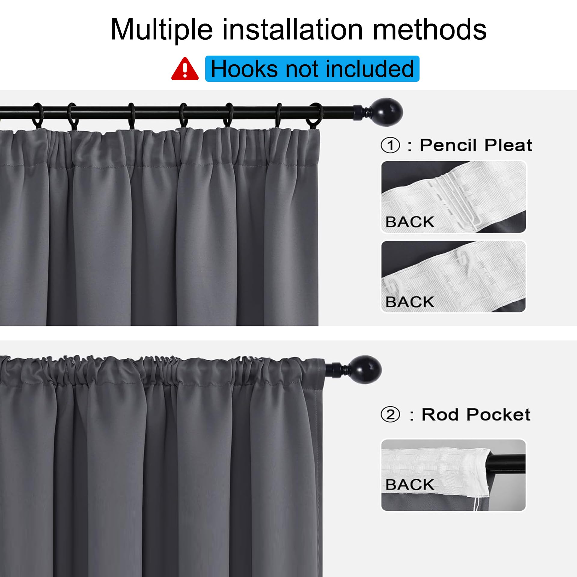 Tende Oscuranti per Interni con Fettuccia 160 x 260 cm Tinta Unita Moderne Tende Oscuranti Corte Termiche Anti-Rumore per Soggiorno Camera Balcone, Grigio