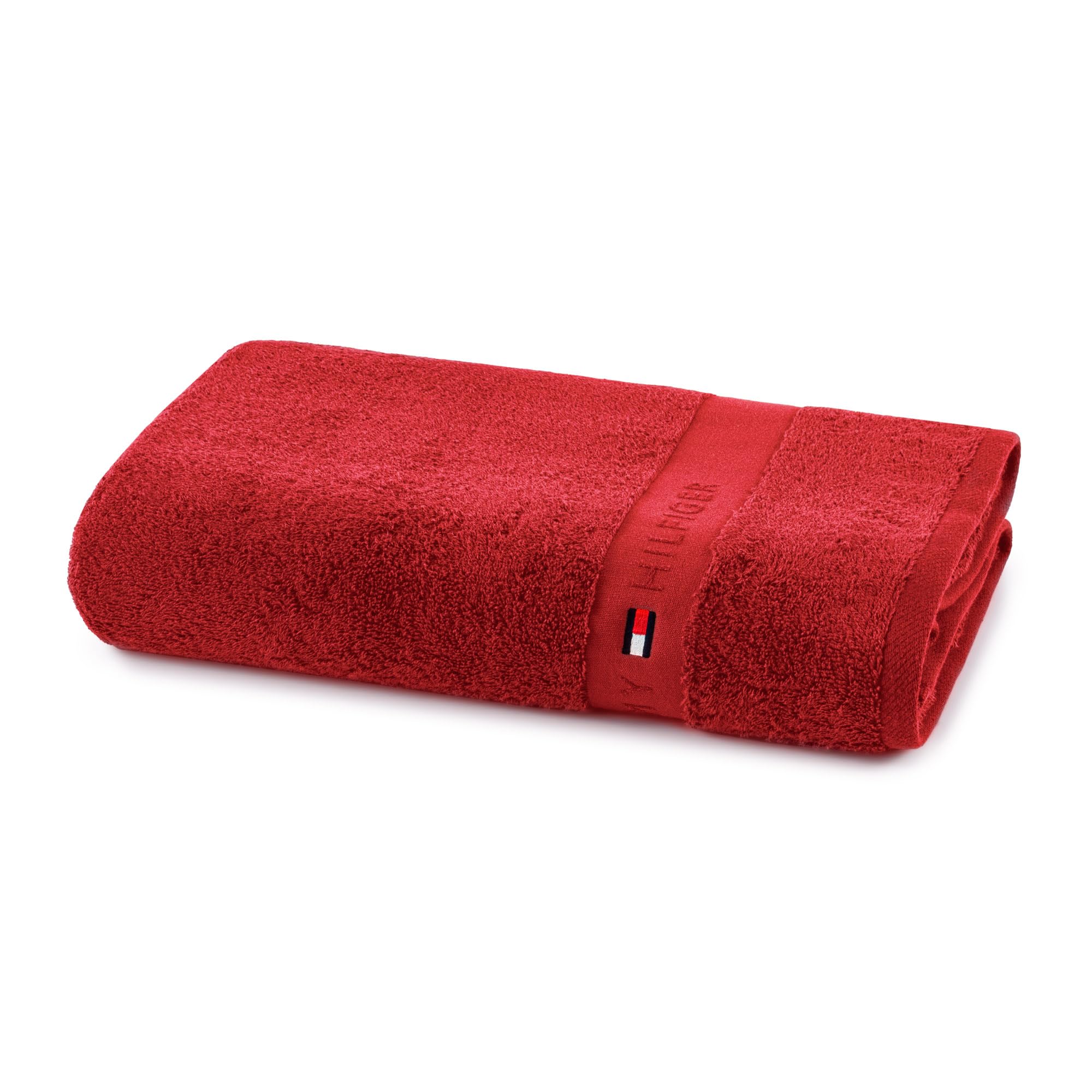 Tommy Hilfiger - Toalla de baño color rojo de 520 g/m², 100% algodón peinado, ribete jacquard y bordado, suave y absorbente, 100 x 150 cm
