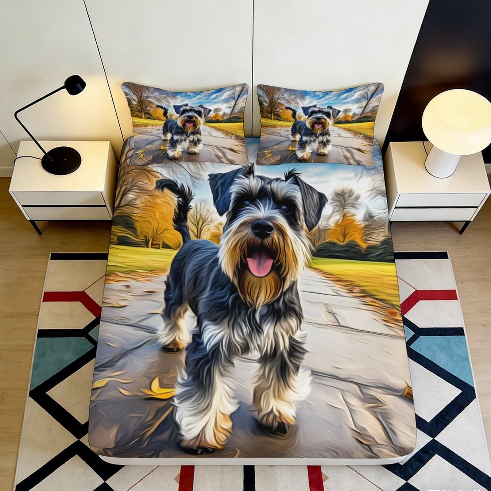 3D Printed Schnauzer Dog Fitted Sheet Microfiber Anti-Slip Autumn Park Bed Cover Easy Care for Bedroom Dorm Decor 180x200x25cm