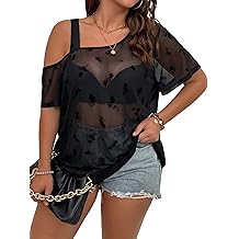 Women's Plus Size Concert Outfits Fishnet Tops Black Rhinestone Sheer Short Sleeve Summer Tops