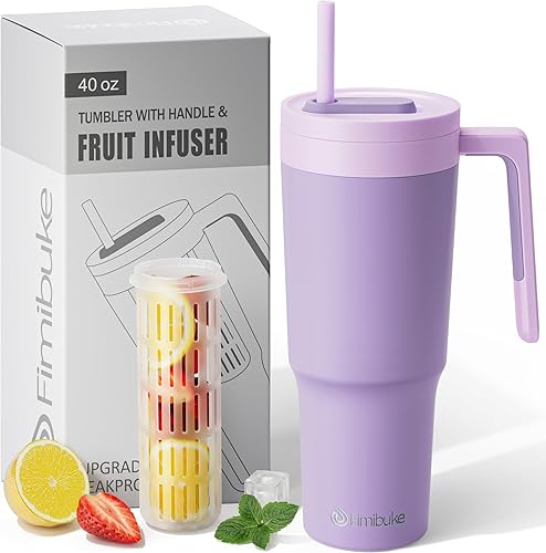 Fimibuke Vaso de 40 onzas con asa e infusor de frutas, taza aislada al vacío de acero inoxidable con tapa y pajilla, botella de infusión de agua,